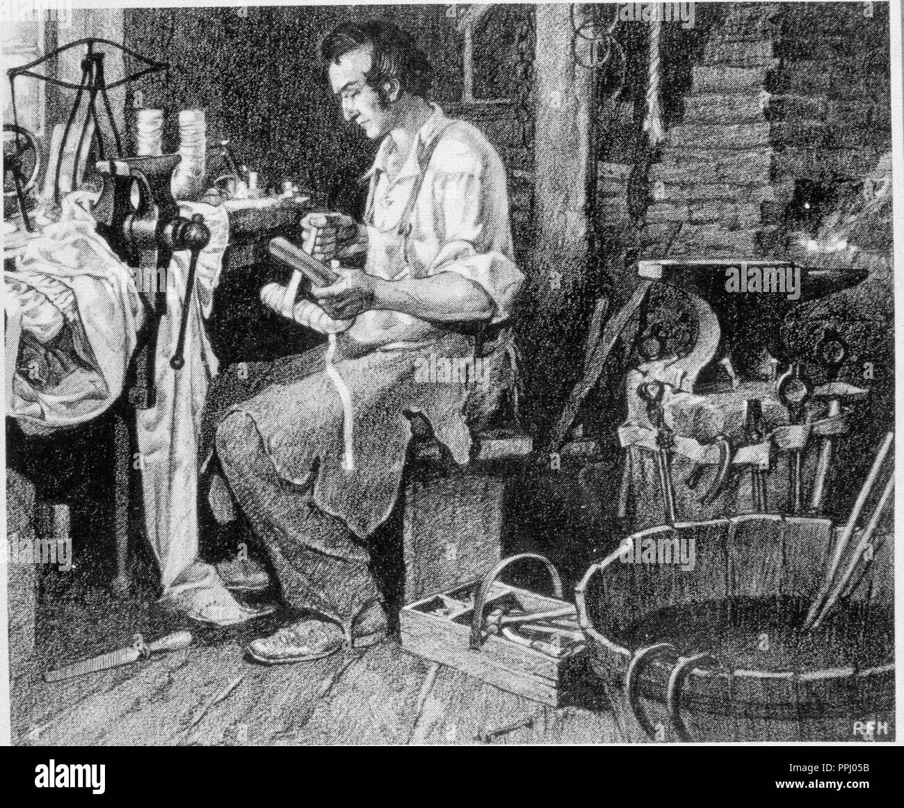 THOMAS DAVENPORT BUILDS THE FIRST ELECTRIC MOTOR - ENGRAVING. 19th CENTURY. Stock Photo
