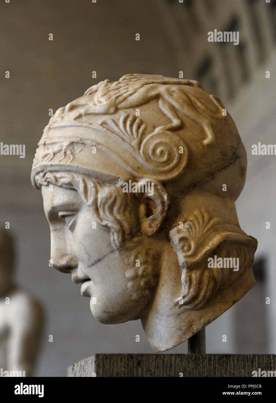Ares, the god of war. Roman equivalent : Mars. Head of a statue of Ares. Roman sculpture after original of about 430 BC. Glytothek. Munich. Stock Photo