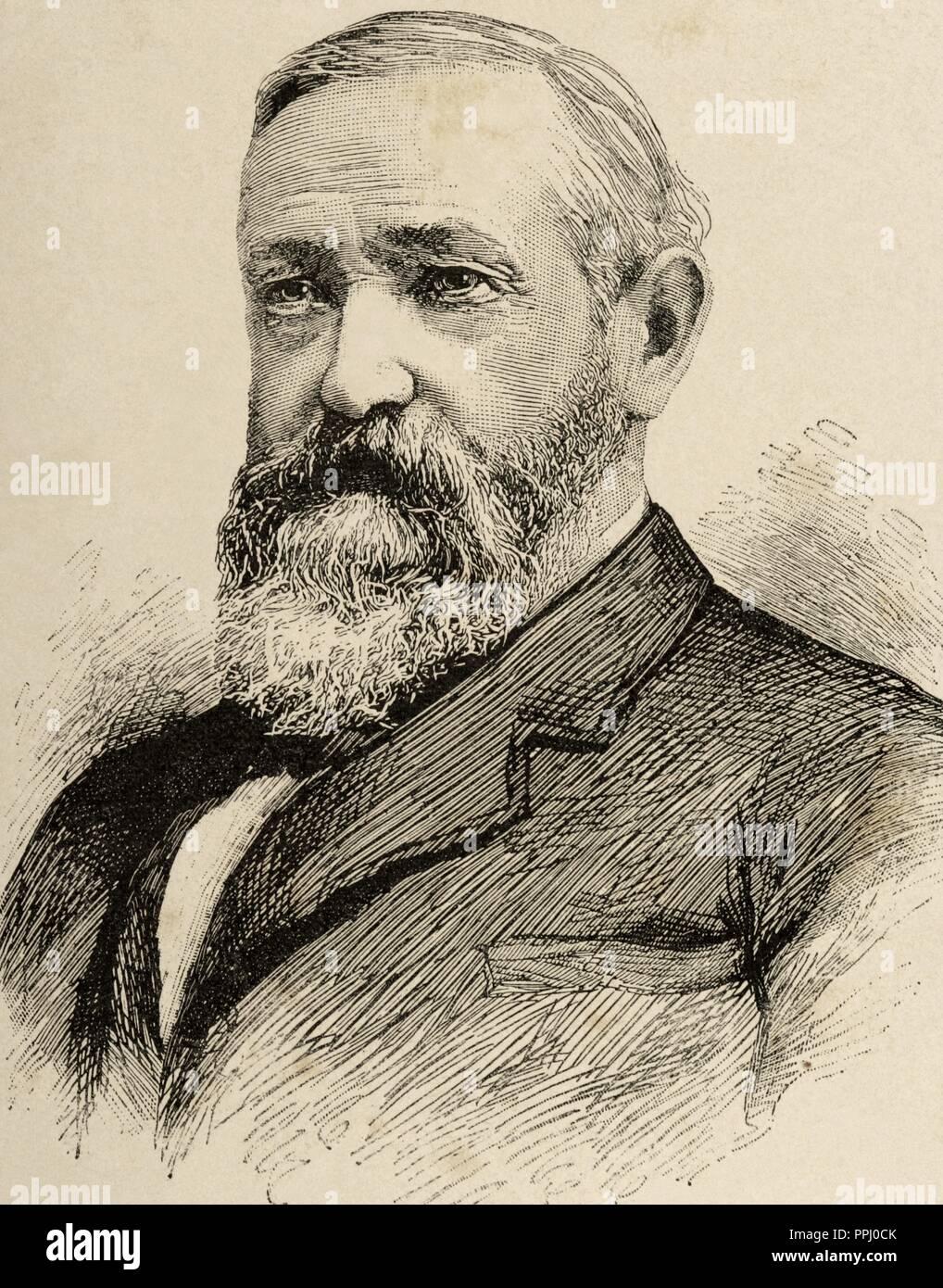 Benjamin Harrison (1833 Ð 1901). Was the 23rd President of the United States (1889Ð1893). During the American Civil War, he served the Union. Political party: Republican. Engraving. "The artistic illustration". 1885. Stock Photo