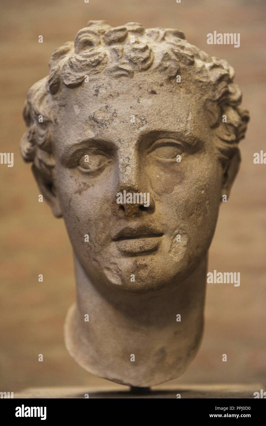 Head of Ares, god of war. Roman sculpture after an original of 330 BC. Glyptothek. Munich. Germany. Stock Photo