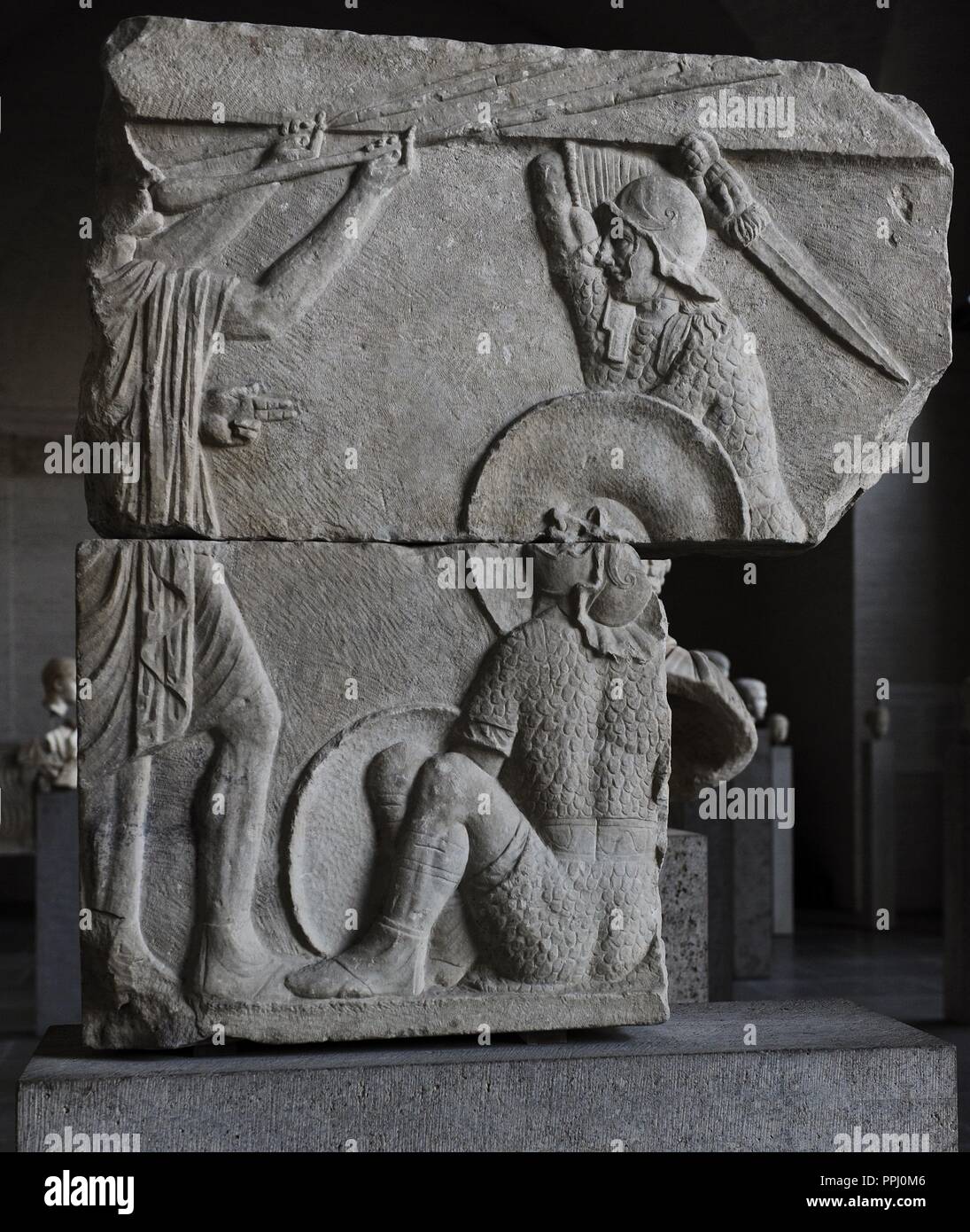 Relief of gladiators. About 30 BC. The slab probably belongs to a grave memorial and recalls the extravagant gladiator fights sponsored by the deceased. Glyptothek. Munich. Germany. Stock Photo