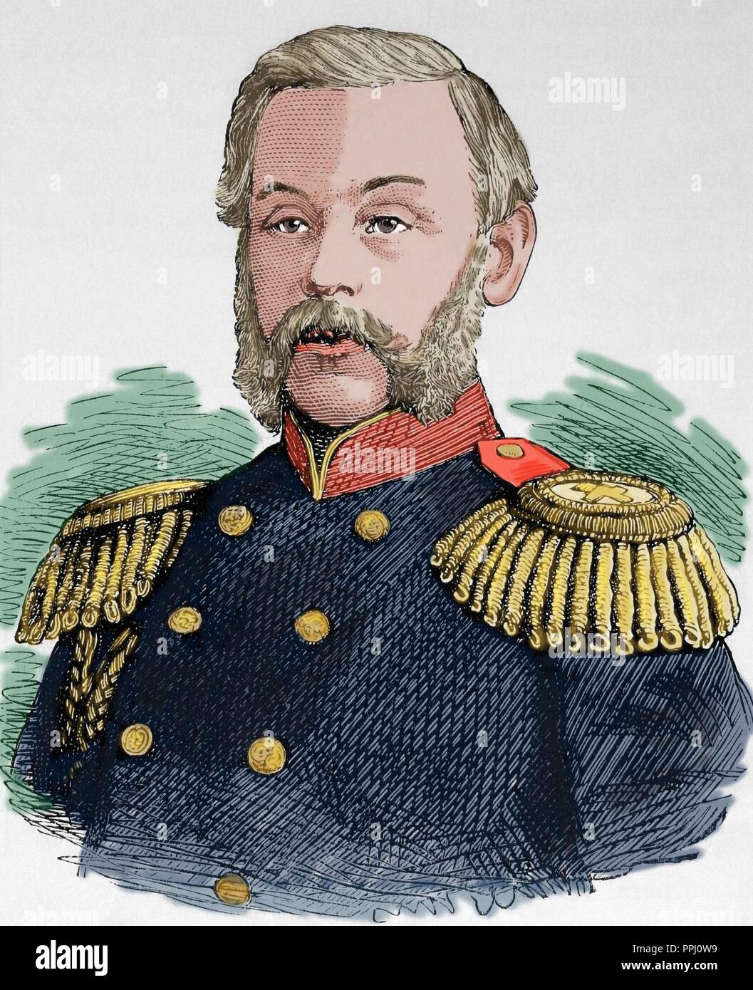 Dmitry Milyutin (1816-1912). Russian Field Marshal and Minister of War. Engraving in Spanish and American Illustration, 1877. Colored. Stock Photo