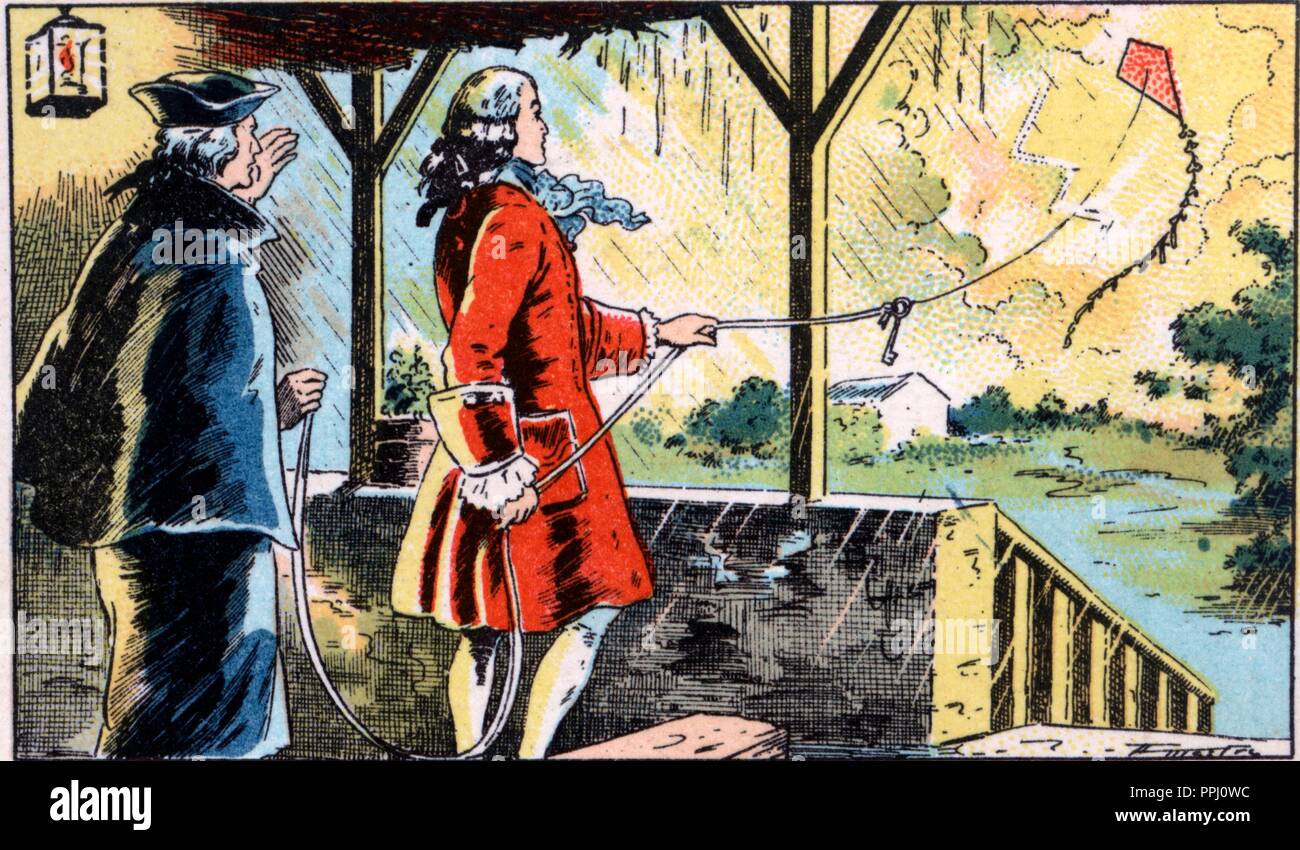 18th Century. Discovery of the lightning rod by Benjamin Franklin. Years 1940. Drawing of Mestre. Author: Mestre Moragas, Albert. Stock Photo