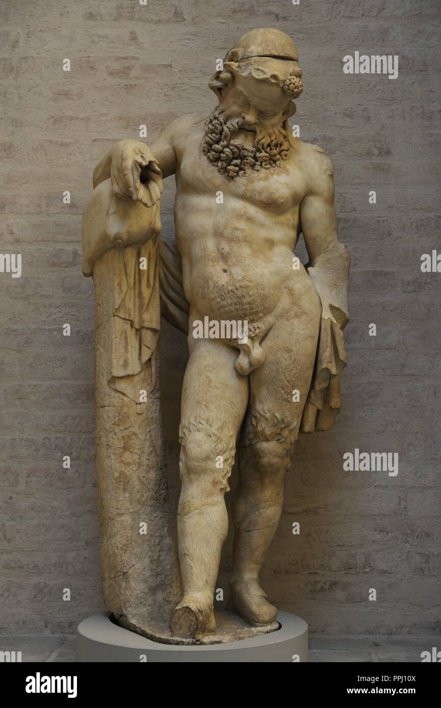 Greek art. Niche. Statue of a Silenus (old satyr). Roman sculpture after a model of about 330 BC. Glyptothek. Munich. Germany. Europe.. Stock Photo