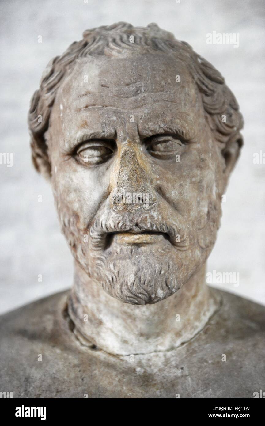 Demosthenes (384-322 BC). Political and Athenian orator. Bust. Roman copy of an original of 280 BCE Glyptothek. Munich. Germany. Stock Photo