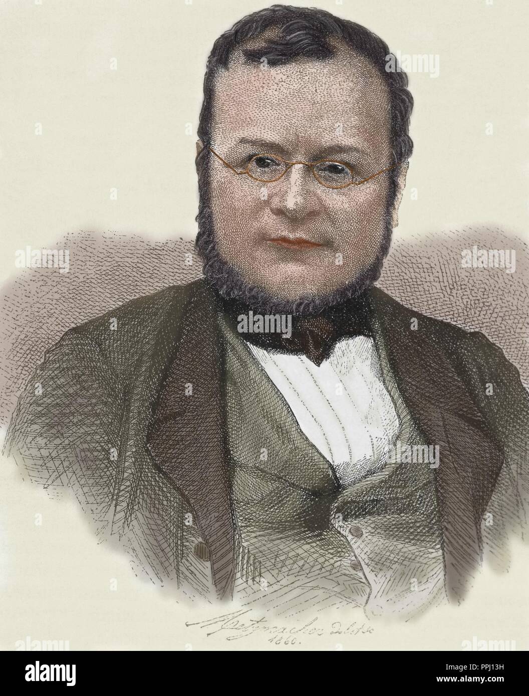 Cavour, Camillo Benso, Count of (Turin ,1810-1861) Italian statesman. Founder of 'Il Risorgimento' (1847). Engraving by Rim. Coloured. Stock Photo