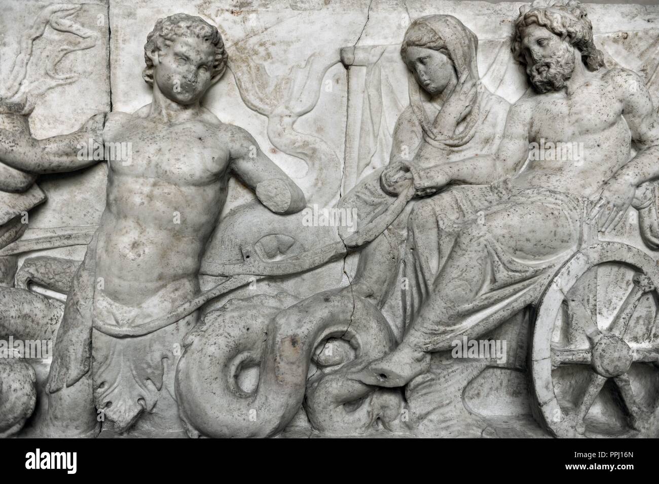 Roman Art. Altar of Domitius Ahenobarbus or ÒStatue Base of Marcus AntoniusÓ, relief freize of a monumental statue group base. Sea thiasos for the wedding of Poseidon and Amphitrite, 2nd half of the 2nd century BC. (about 150 B.C.). Detail: Poseidon and Amphitrite in the bridal carriage, drawn by two Tritons playing music. (front panel). Glyptothek. Munich. Germany. Stock Photo