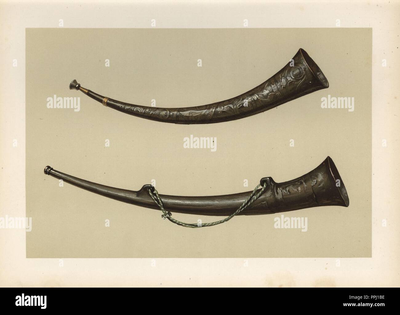 Burgmote horns of hammered bronze from the Corporations of Canterbury and Dover. The horns were used from the 14th to 19th centuries for municipal ceremonies. Chromolithograph from an illustration by William Gibb from A.J. Hipkins' 'Musical Instruments, Historic, Rare and Unique,' Adam and Charles Black, Edinburgh, 1888. Alfred James Hipkins (1826-1903) was an English musicologist who specialized in the history of the pianoforte and other instruments. William Gibb was a master illustrator and chromolithographer and illustrated 'The Royal House of Stuart' (1890), 'Naval and Military Trophies' ( Stock Photo