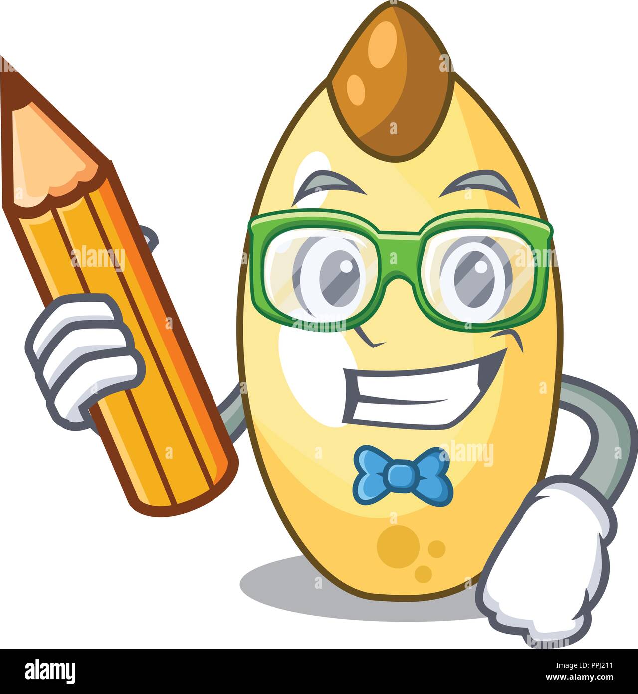 Student with book character brown cedar nut fruit on plate Stock Vector