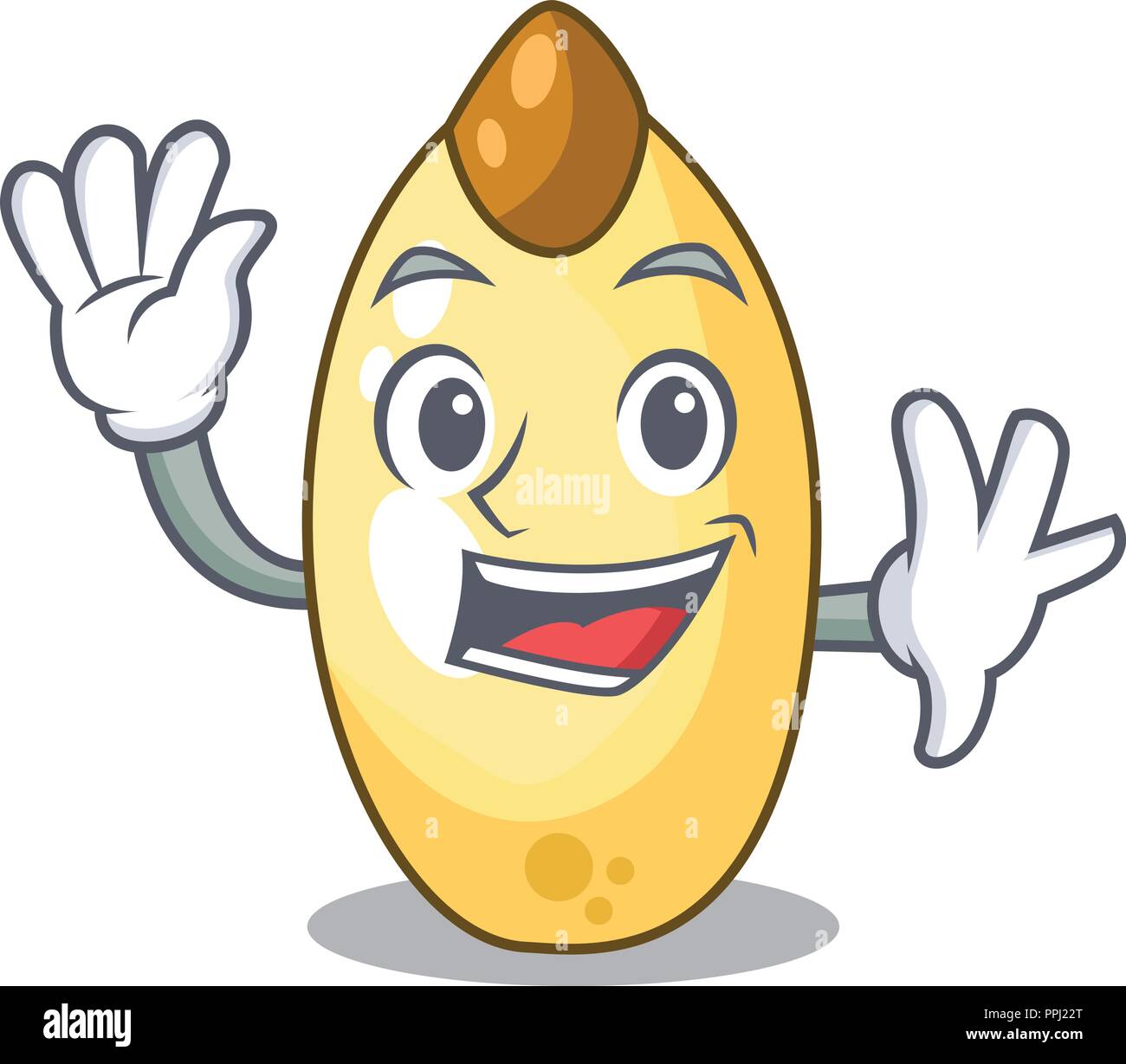 Waving character brown cedar nut fruit on plate Stock Vector