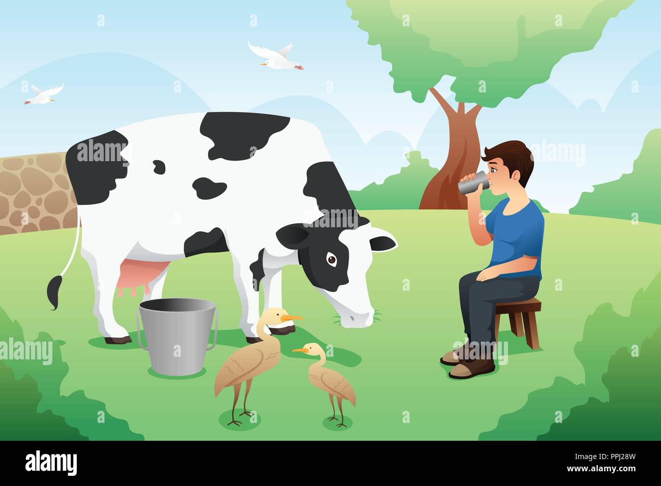 A vector illustration of Boy Drinking Milk After Milking a Cow Stock Vector