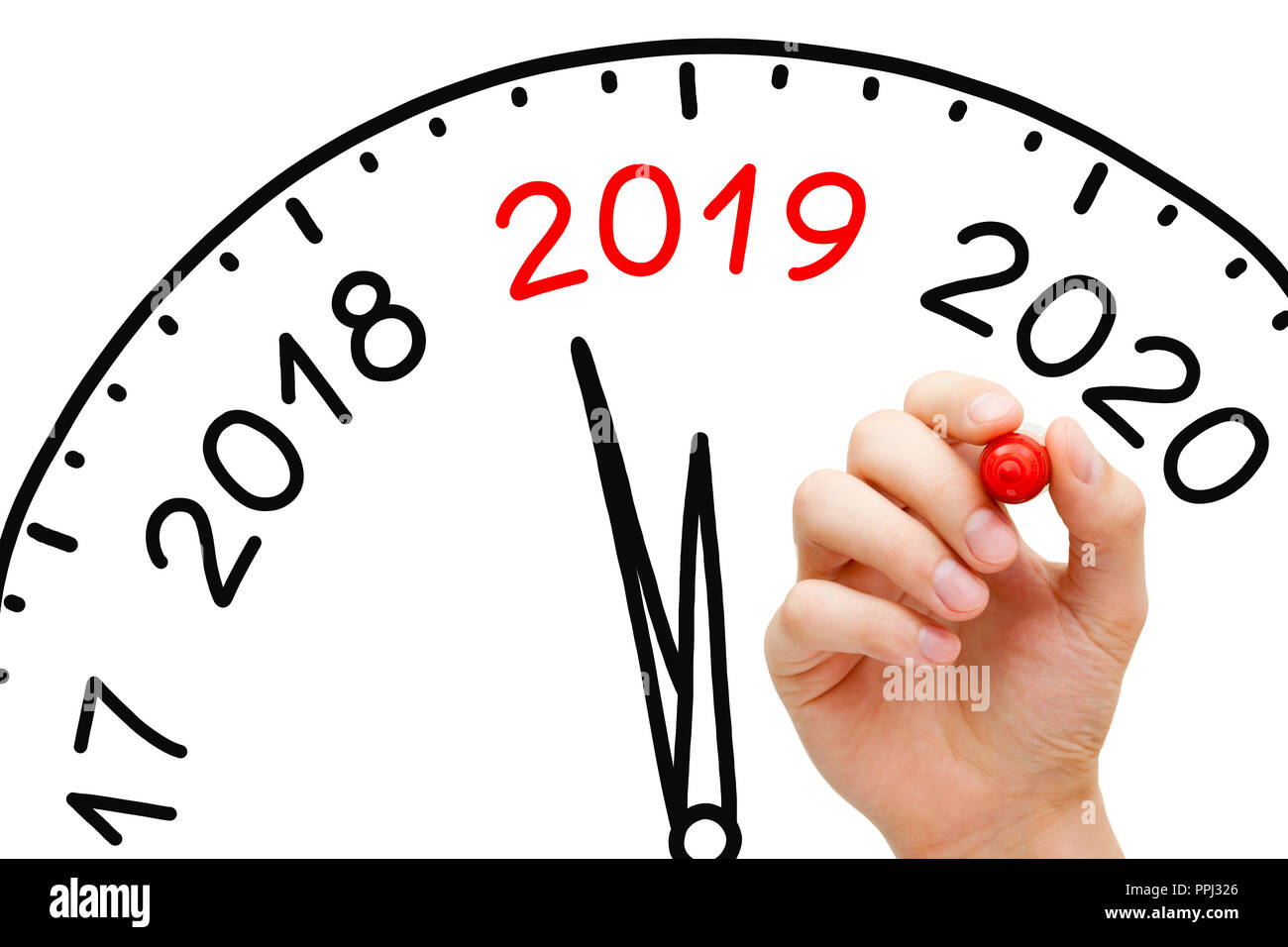 Hand drawing New Year 2019 clock concept with marker on transparent wipe board. Stock Photo
