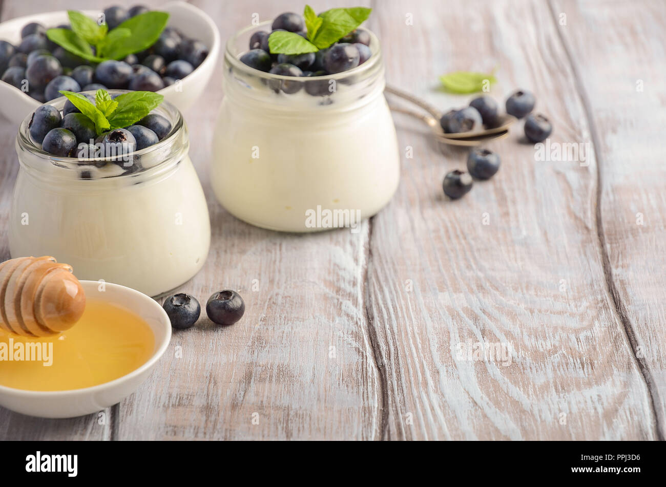 Homemade natural yogurt with blueberries and mint. Stock Photo
