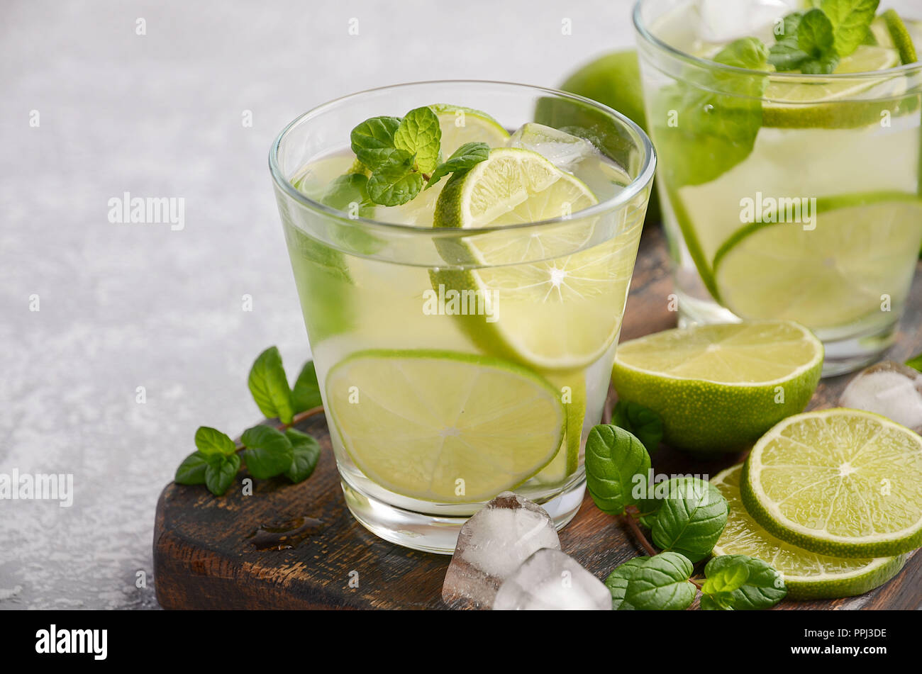 Cold refreshing summer drink with lime and mint. Stock Photo