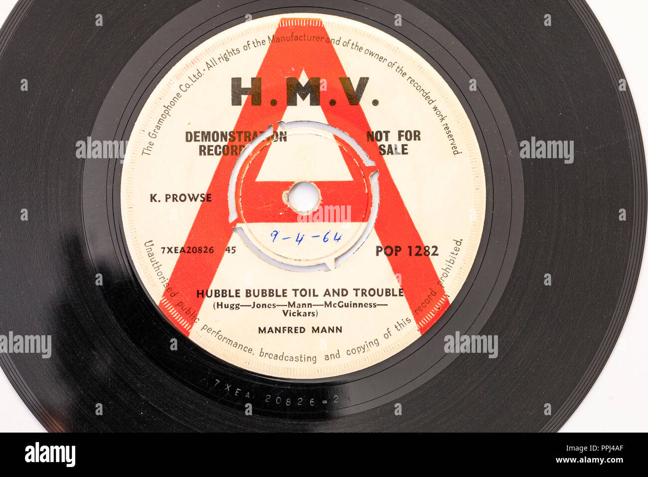 45 single track record. 'A' Demonstration only, not for sale. HMV label, Hubble Bubble Toil and Trouble, Manfred Mann. 1964. Label and part of record. Stock Photo