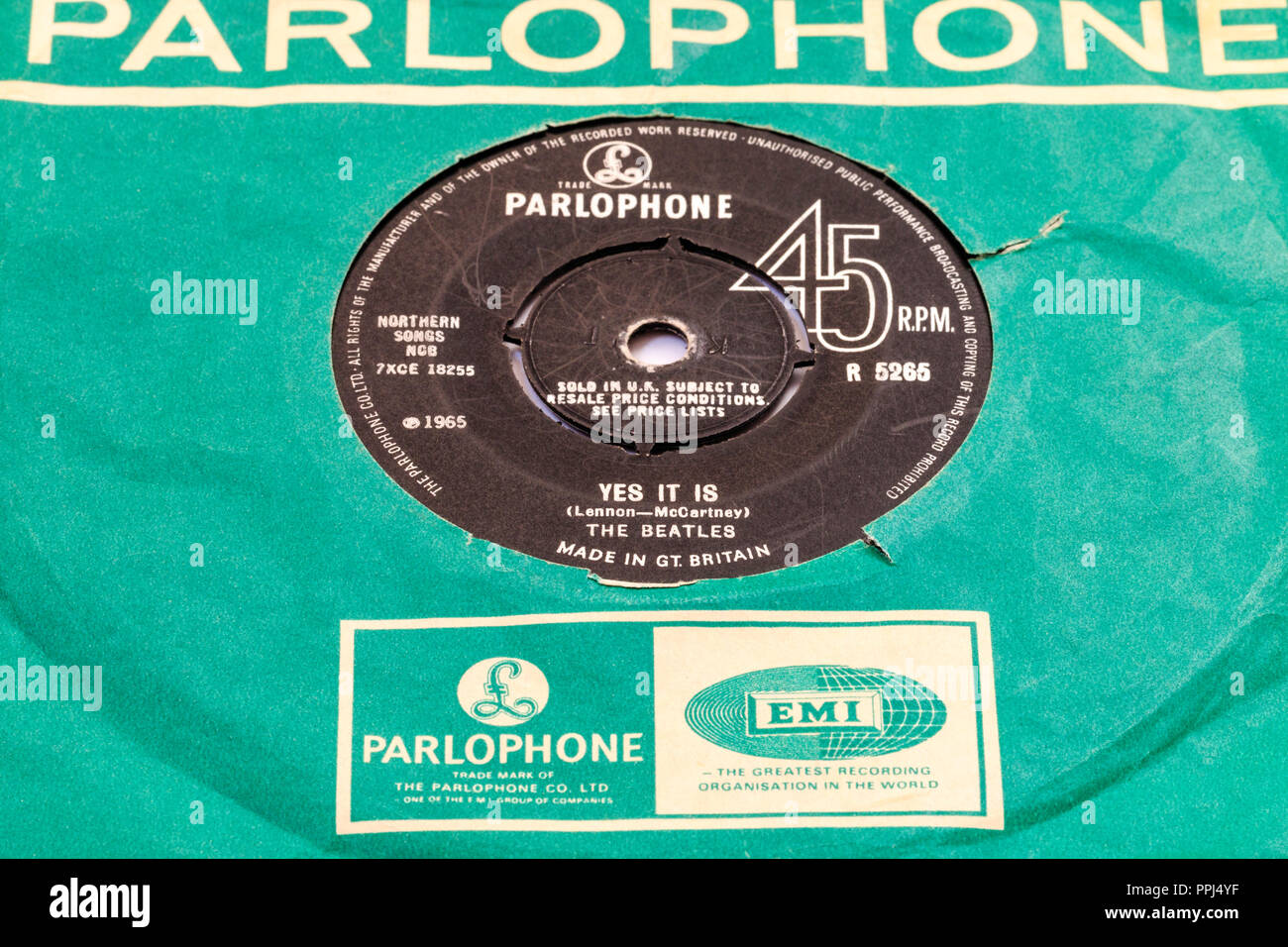 45 single track record in Parlophone green cover. The Beatles, 'Yes It Is' by Lennon and McCartney. B-side. Stock Photo