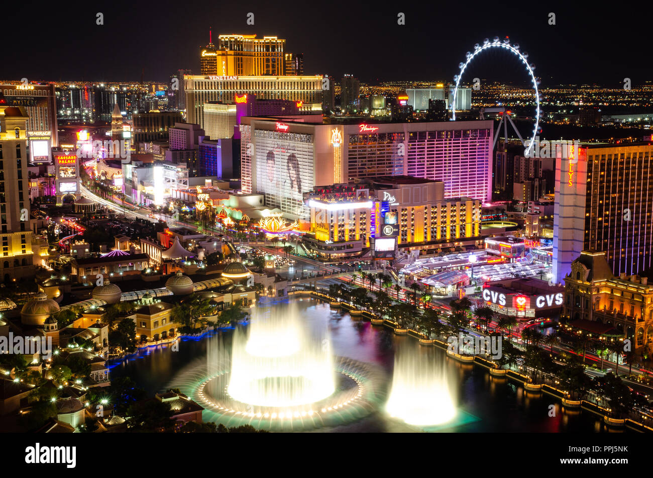Las Vegas Bellagio Fountains & Linq High Roller Stock Photo