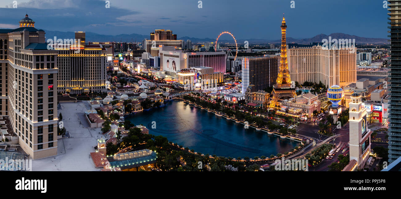 Panorama of the Las Vegas Boulevard and Bellagio Lake in Las Vegas, Nevada, USA Stock Photo