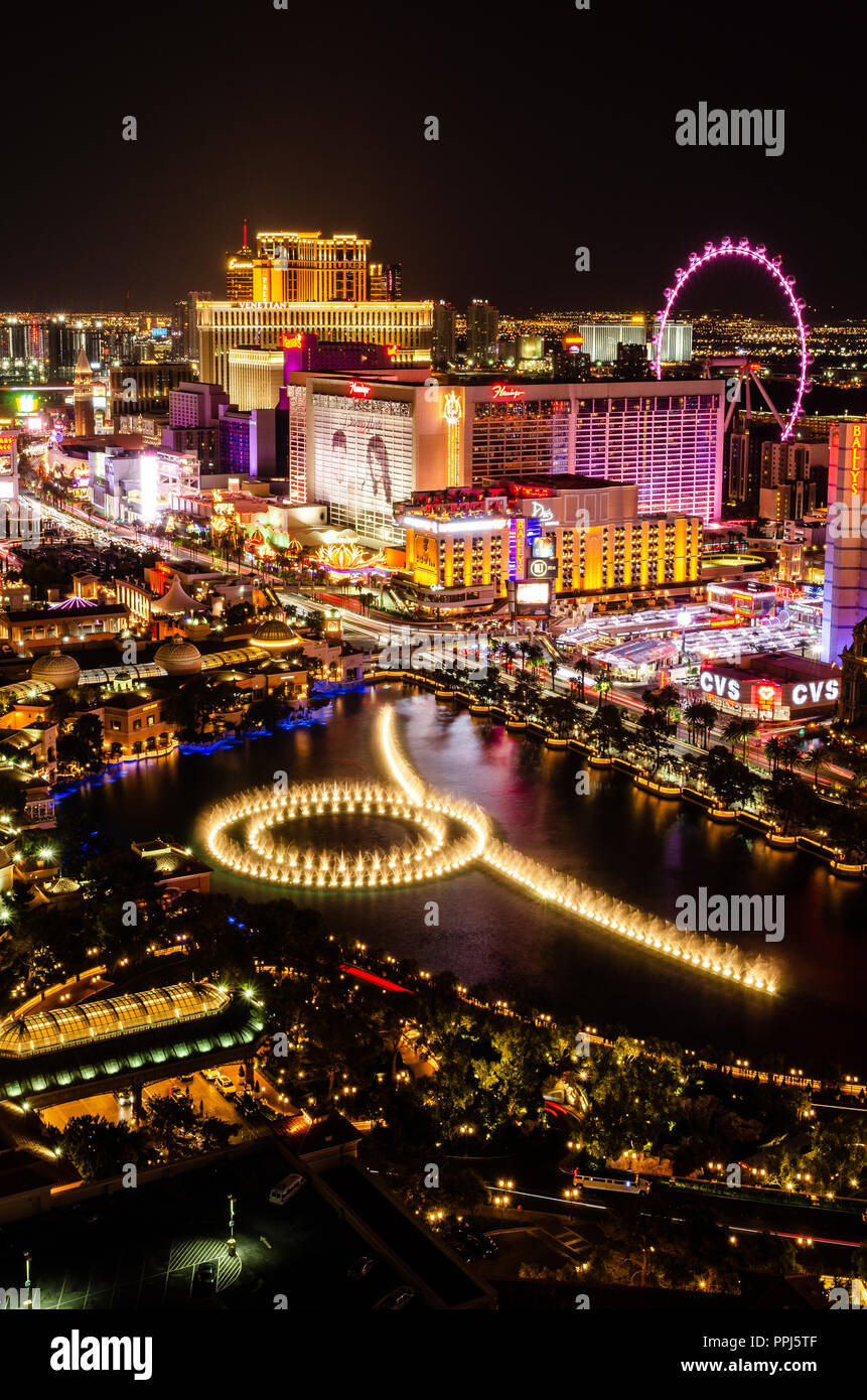 Las Vegas Bellagio Fountains & Linq High Roller Stock Photo