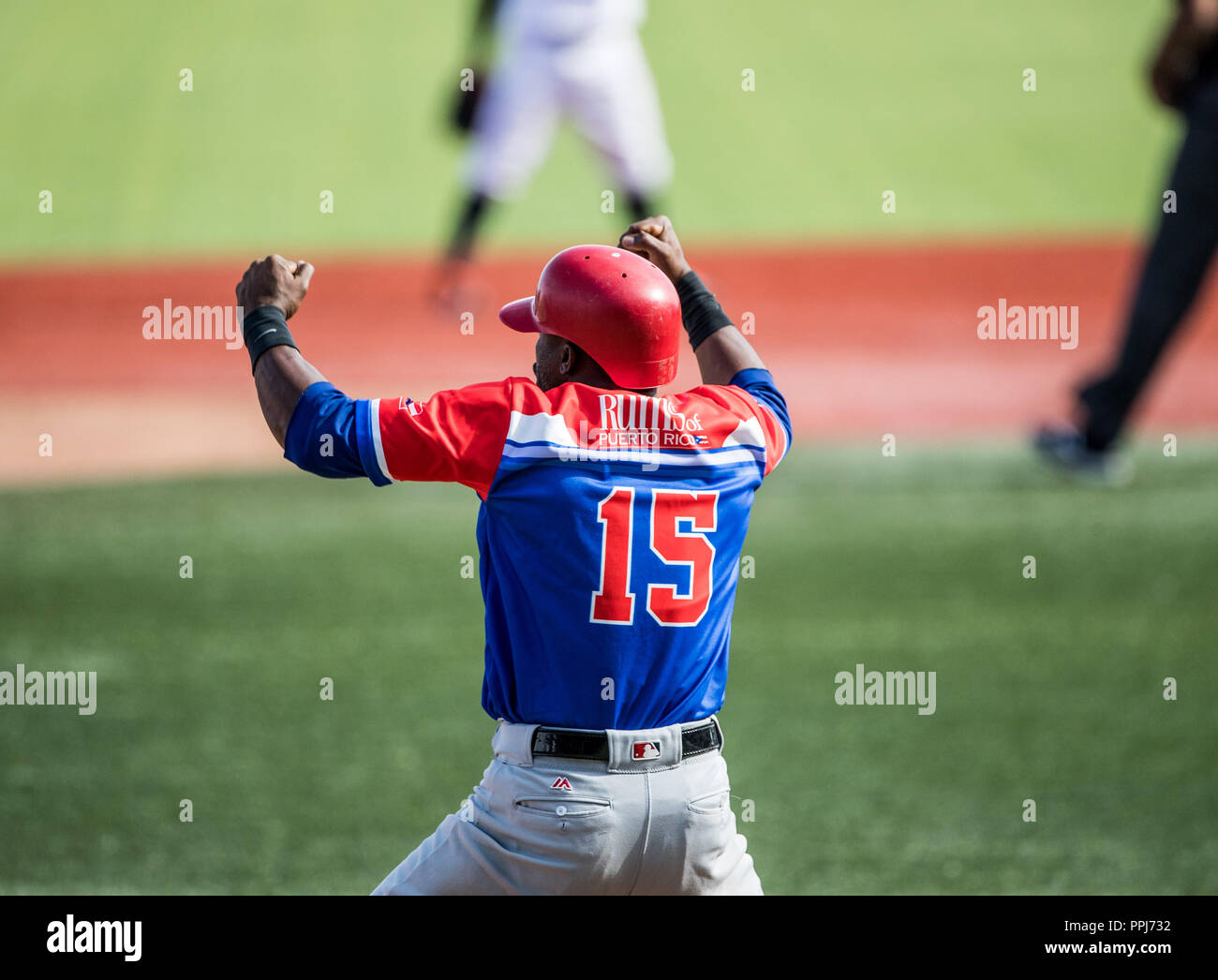 Irving Falu (15) de Caguas de Puerto Rico celebra Homerun de cuatro carreras  Anthony Garcia en la parte alta del sexto inning, para empatar el partid Stock Photo