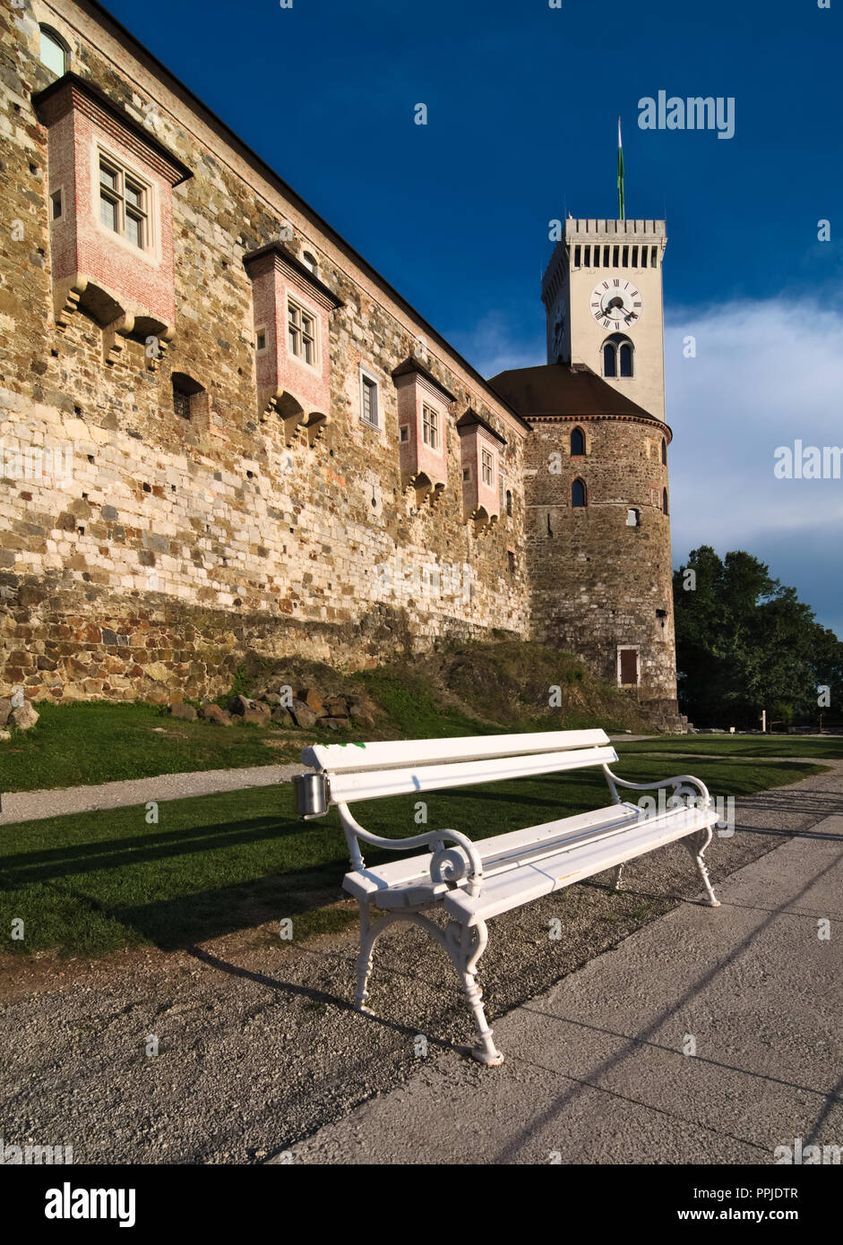 Detailed view of a bench in front of lookout tower (Grajski stolp) right next to Ljubljana Castle ( Ljubljanski grad) Stock Photo