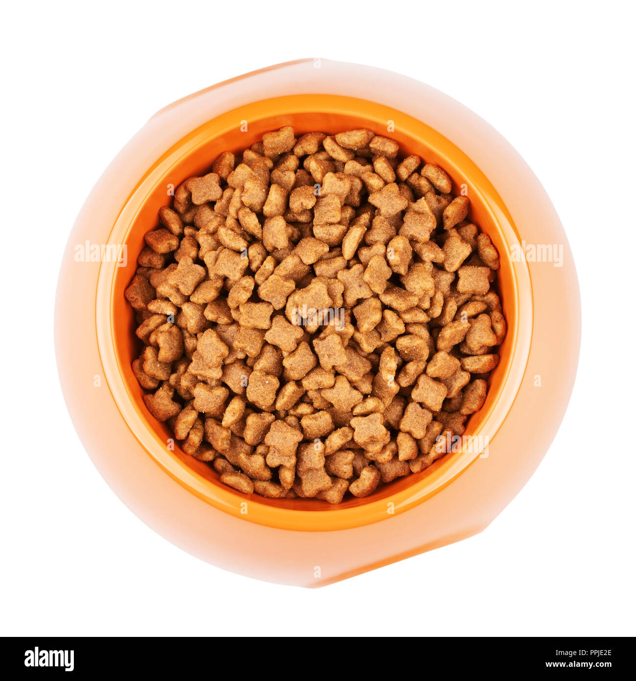 dry cat food in yellow bowl, isolated on white background Stock Photo