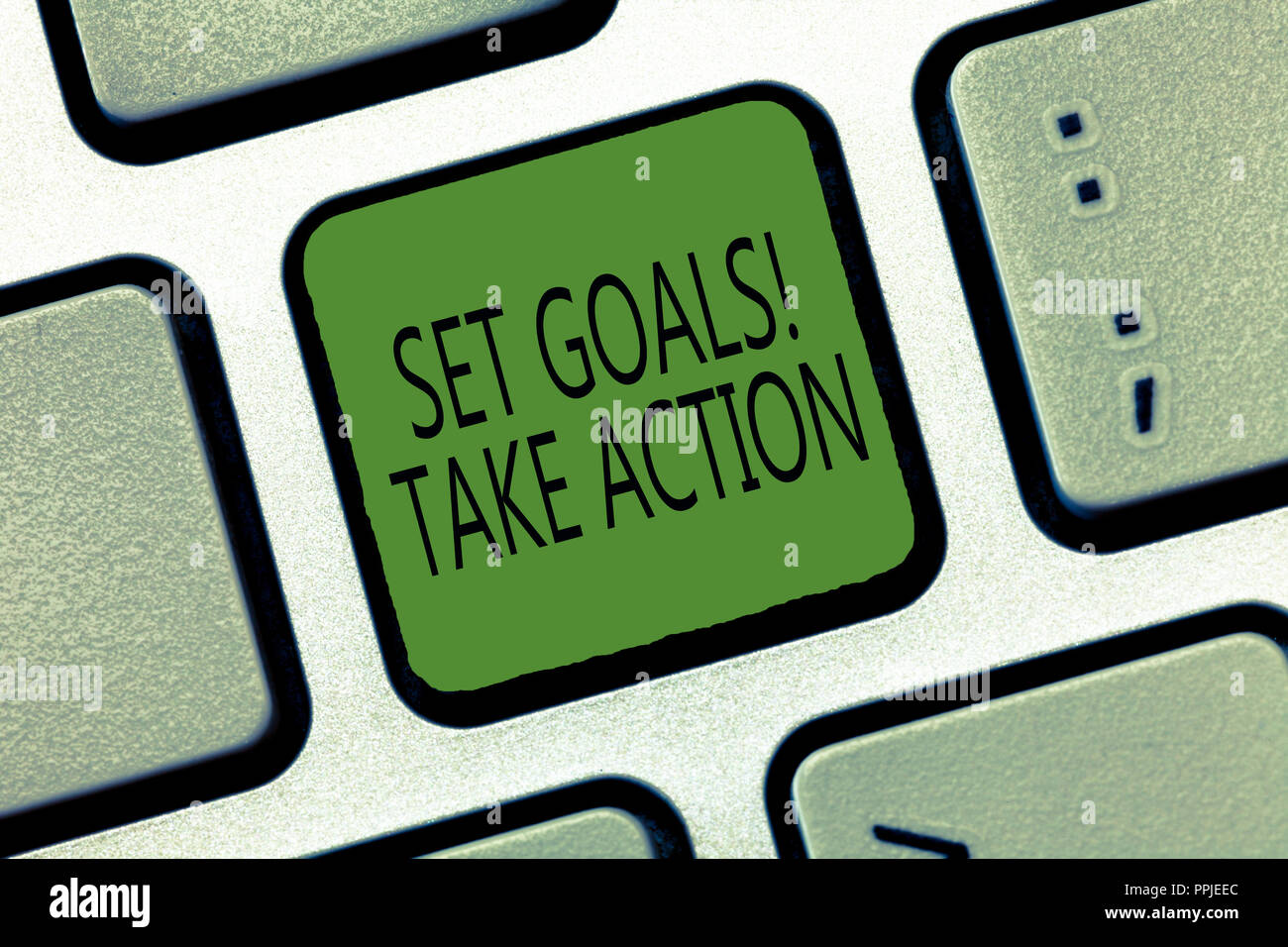 Writing note showing Set Goals Take Action. Business photo showcasing Act on a specific and clearly laid out plans. Stock Photo