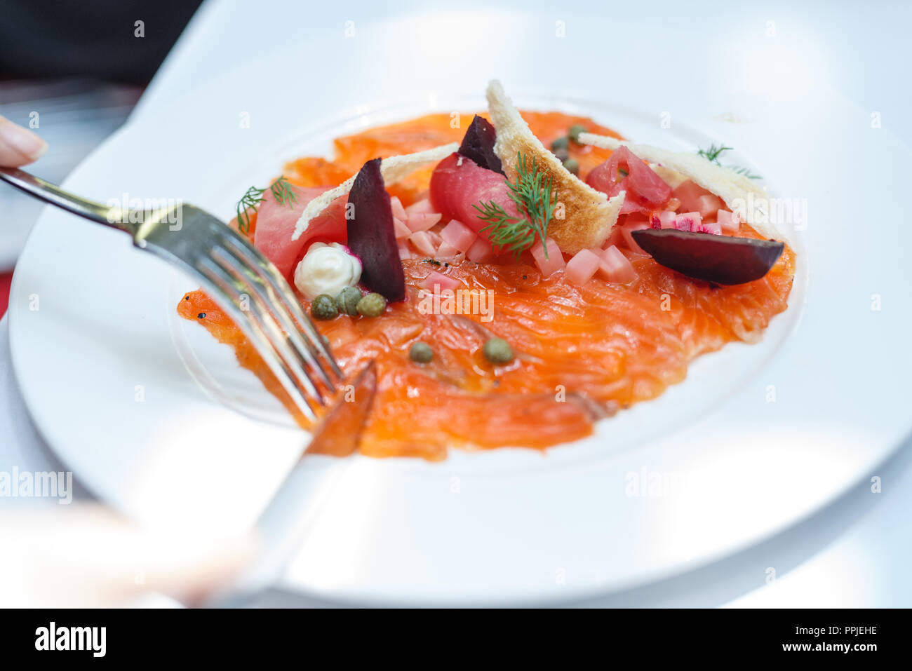 Food photography close up fine dining savoury salmon dish Stock Photo
