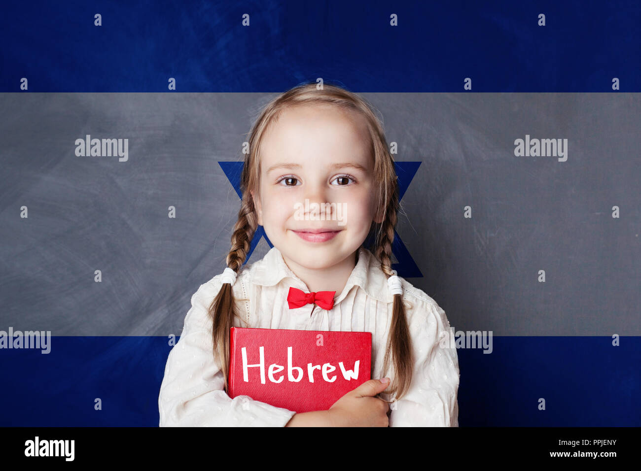 Hebrew concept with little girl student against the Israel flag