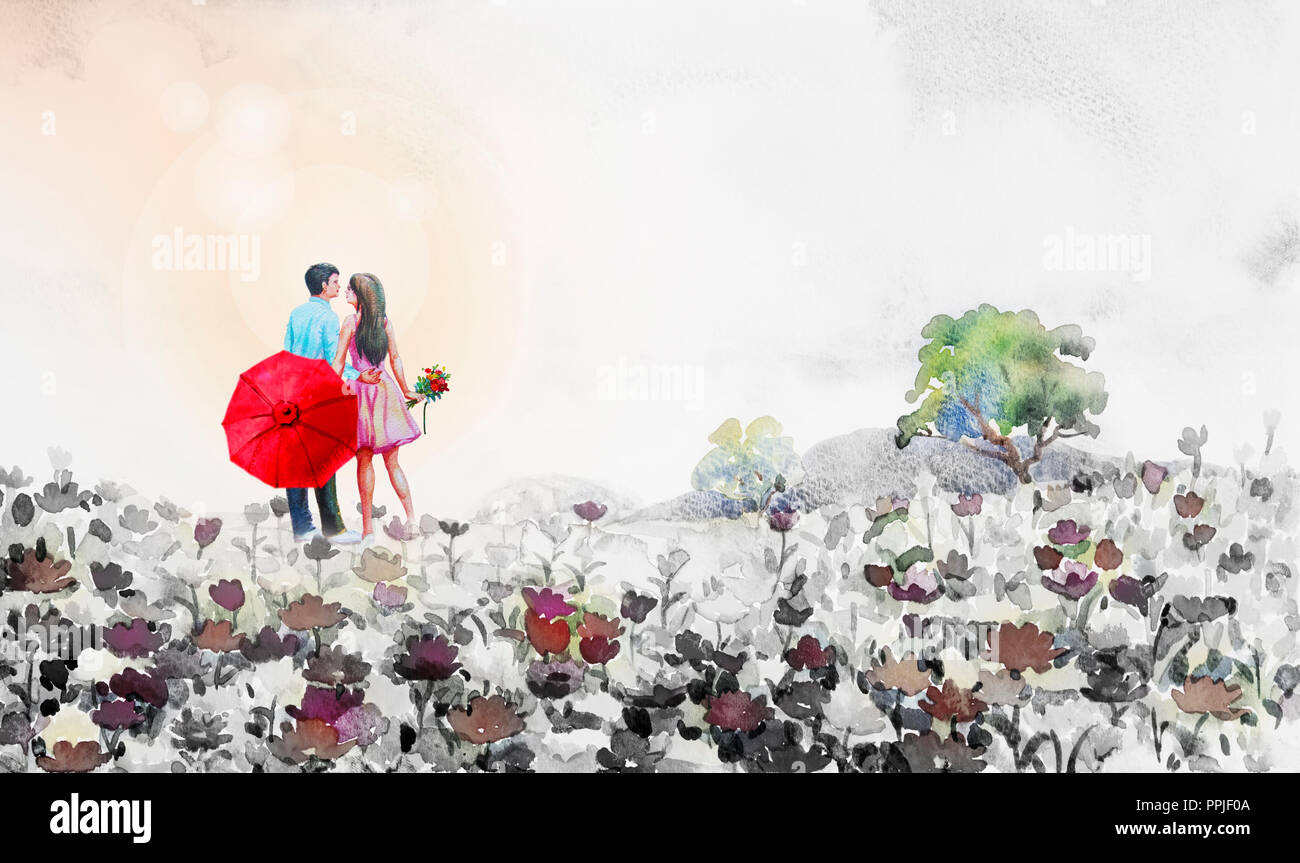 Painting watercolor landscape,lovers, daisy flowers in garden and blue sky cloud,with Men, women stand waist Hold a red umbrella and bouquet of flower Stock Photo