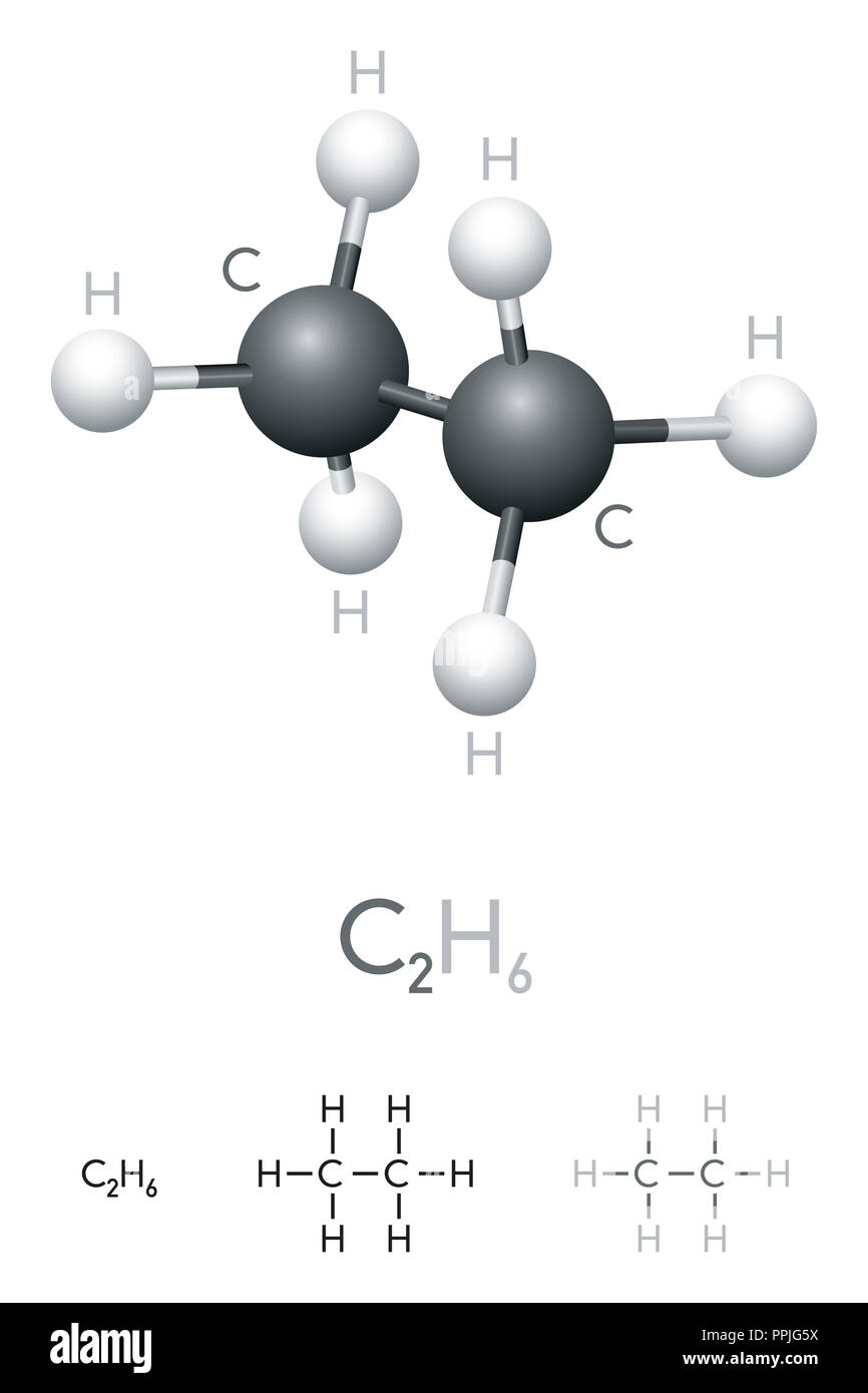 Ethane, C2H6, molecule model and chemical formula. Organic chemical compound. Colorless gas. Ball-and-stick model, geometric structure and formula. Stock Photo