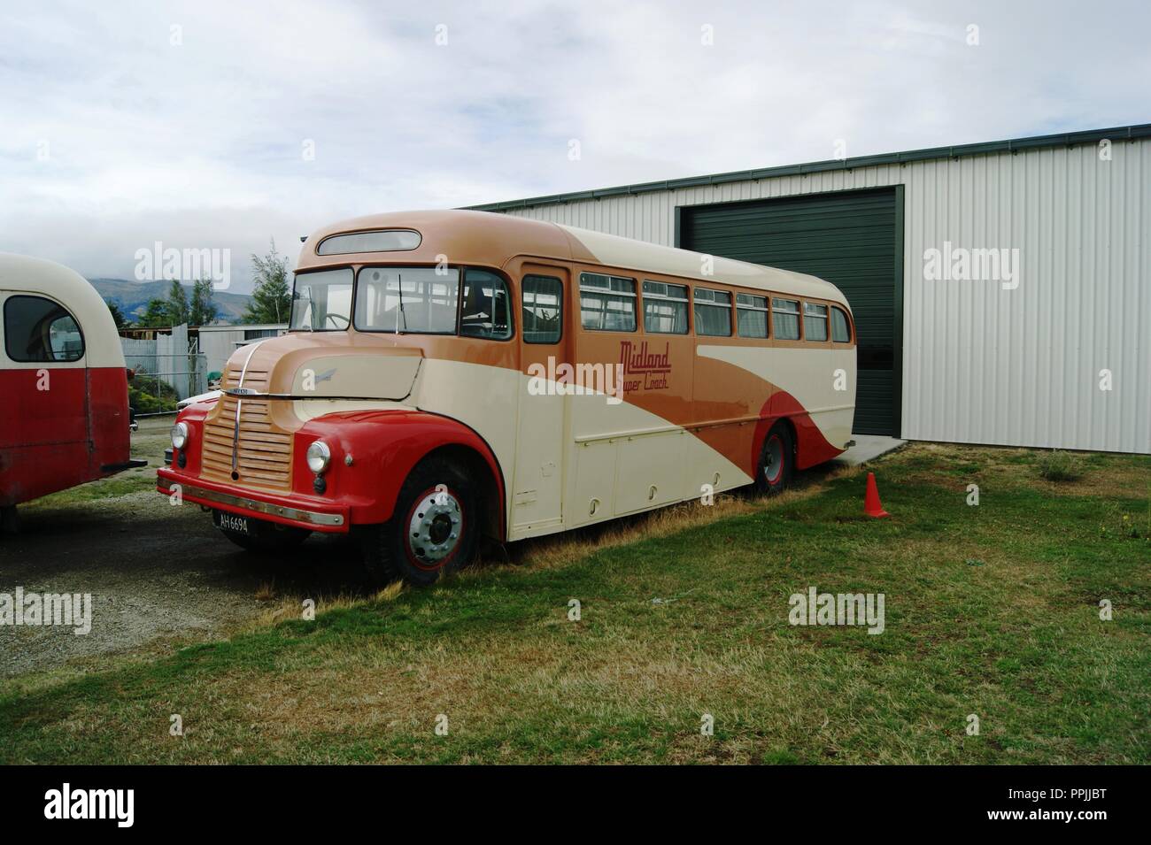 Leyland Comet Coach of  Midland Super Coach preserved at Wanaka Museum, New Zealand Stock Photo