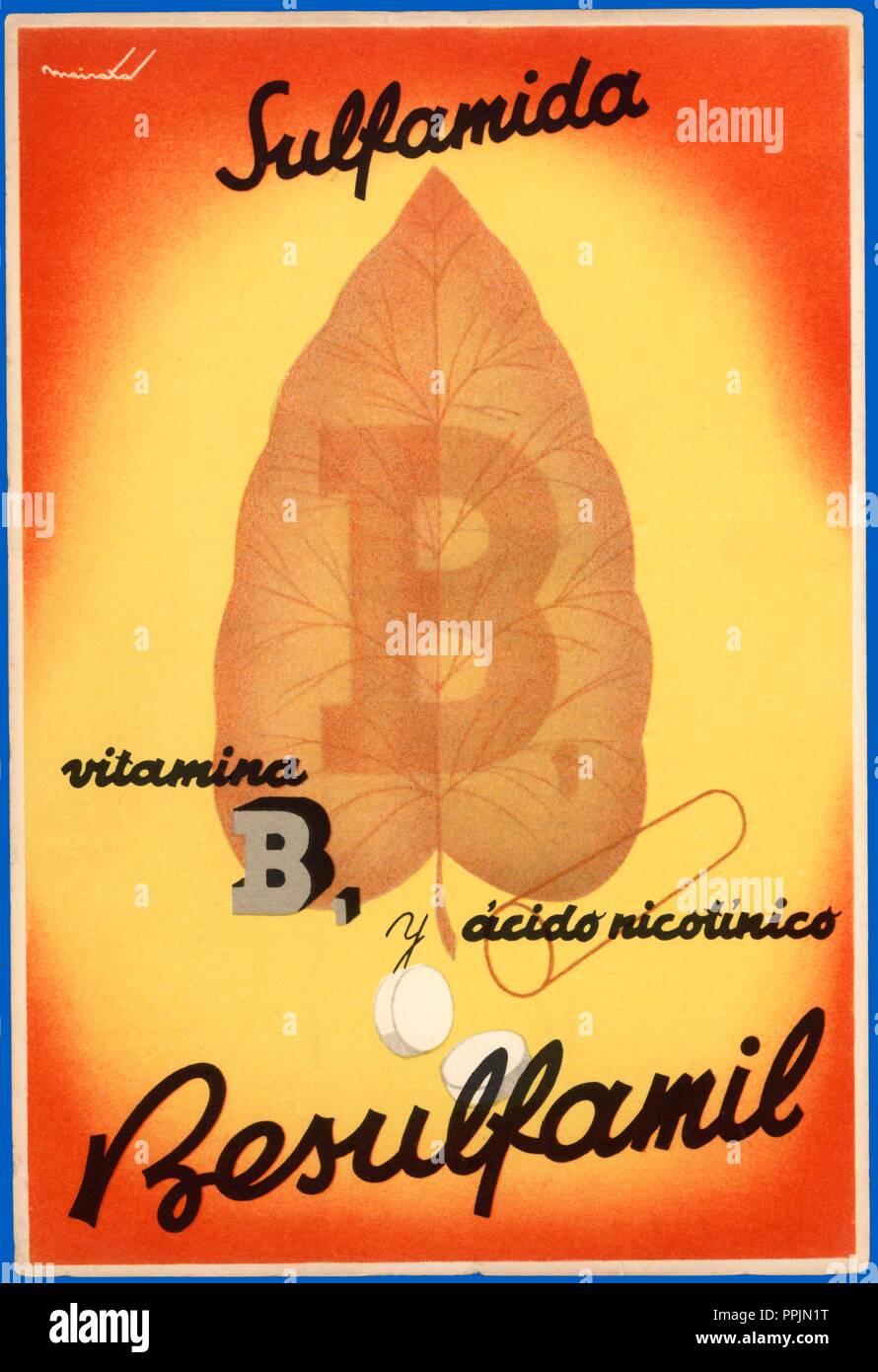 Pharmaceutical advertising Besulfamil, sulfamide, nicotinic acid and vitamin B, for the treatment of streptococcal, gonococcal, pneumococcal and stratigraphic infections. 1950s. Stock Photo