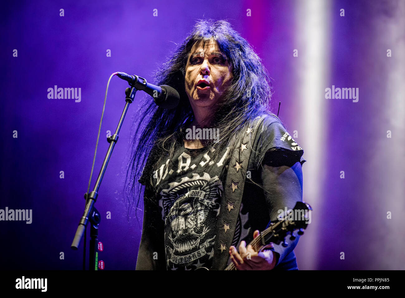 Norway, Halden - June 21, 2018. The American glam metal band W.A.S.P. performs a live concert during the Norwegian music metal festival Tons of Rock 2018 in Halden. Here the band’s last remaining original band member, vocalist singer and songwriter, Blackie Lawless is seen live on stage. (Photo credit: Gonzales Photo - Terje Dokken). Stock Photo