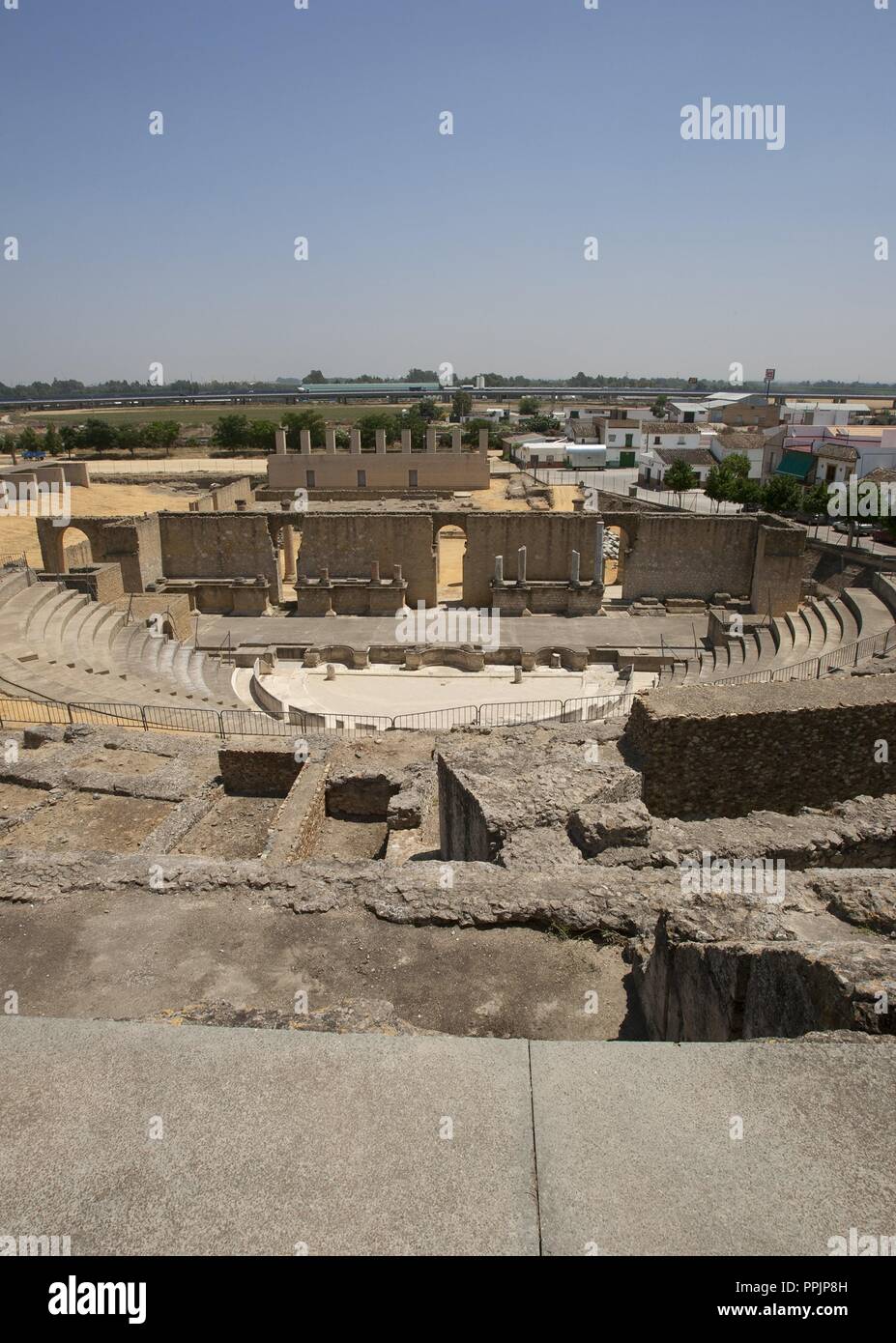 Roman Art. Spain. Italica. Theatre. Its construction began under Emperor Augustus (1st century BC-1st century AD). Orchestra, frons pulpiti and scaenae frons. Santiponce. Andalusia. Stock Photo