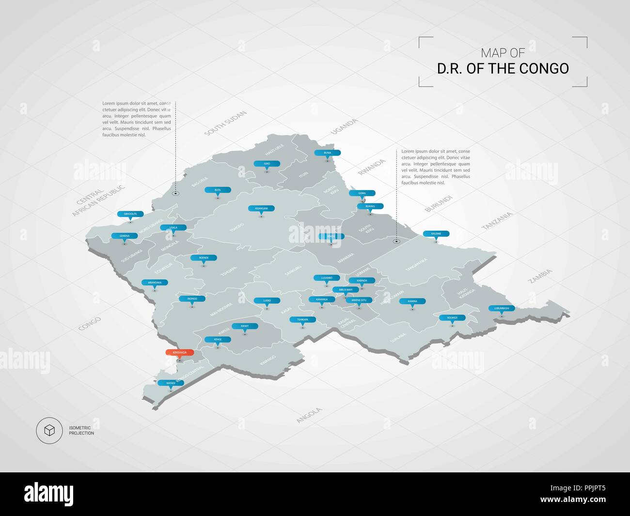 Isometric 3D Democratic Republic of the Congo map. Stylized vector map ...