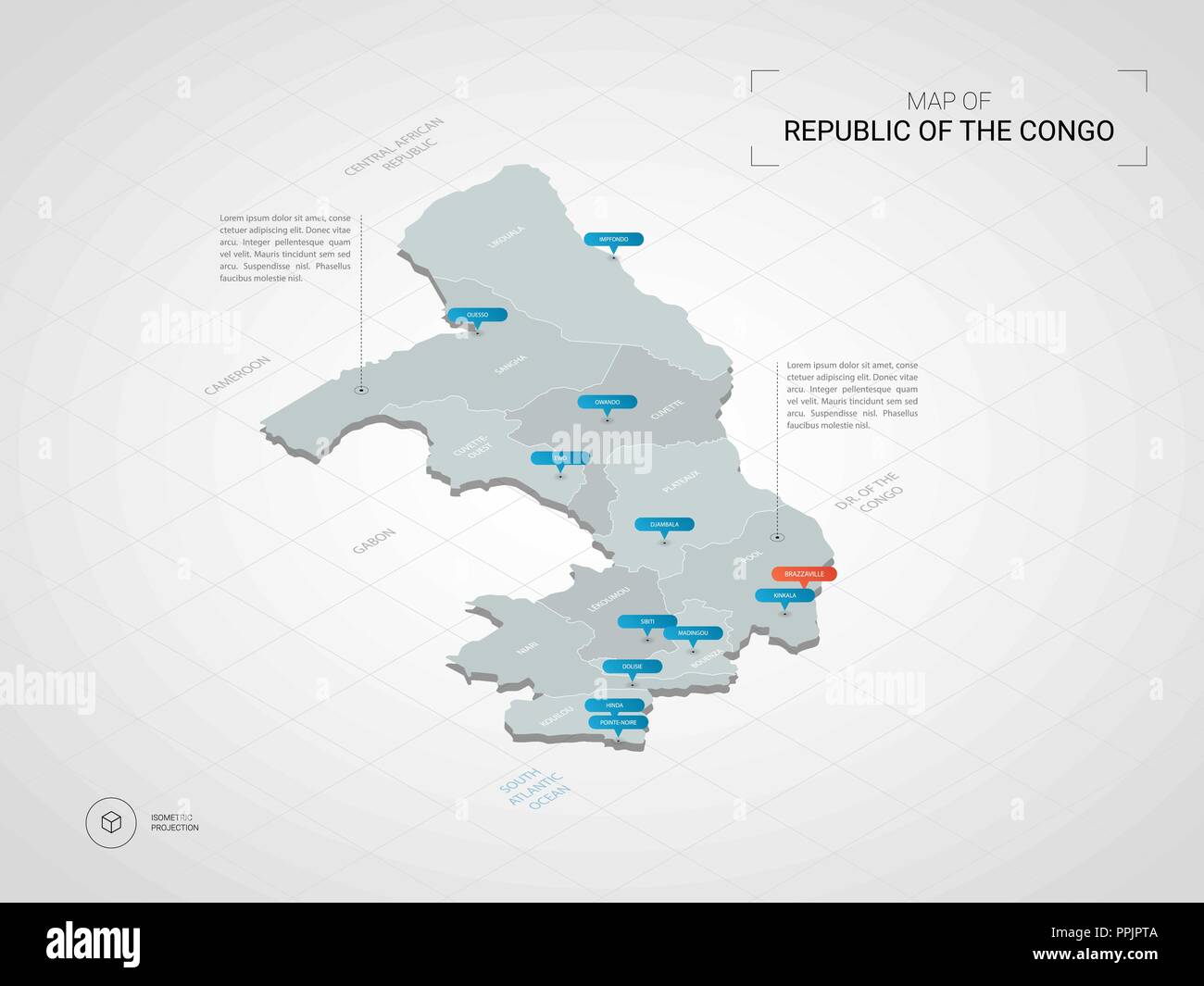 Isometric 3D Congo map. Stylized vector map illustration with cities ...