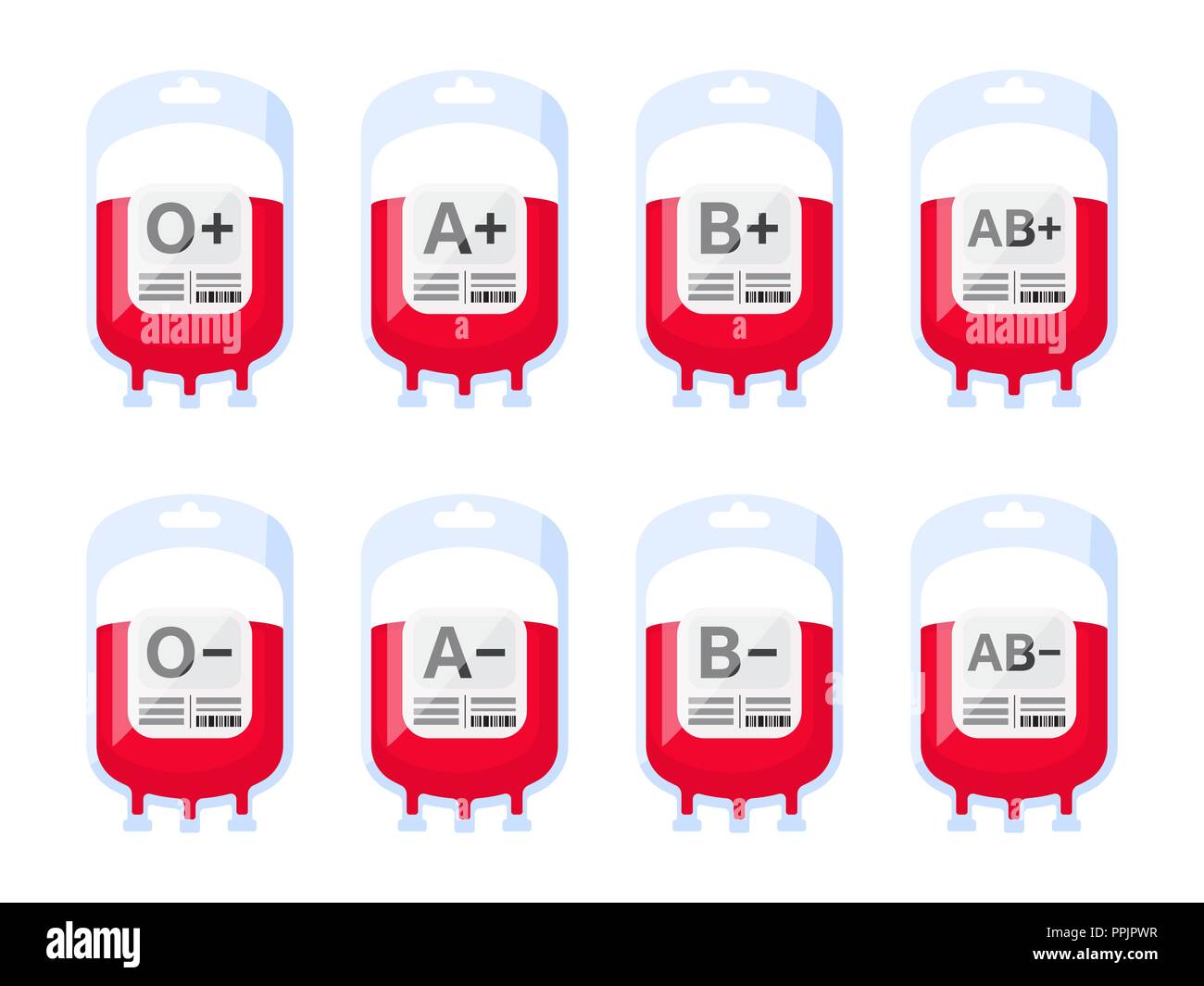 Blood bags with blood types vector illustration. Blood group vector icons isolated on white background. Blood donation vector illustration. Stock Vector