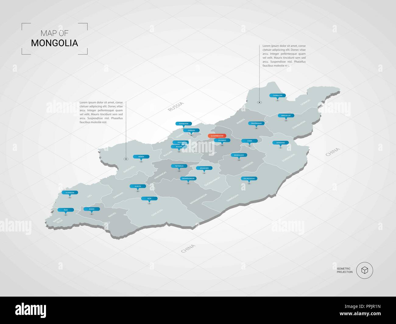 Isometric  3D Mongolia map. Stylized vector map illustration with cities, borders, capital, administrative divisions and pointer marks; gradient backg Stock Vector