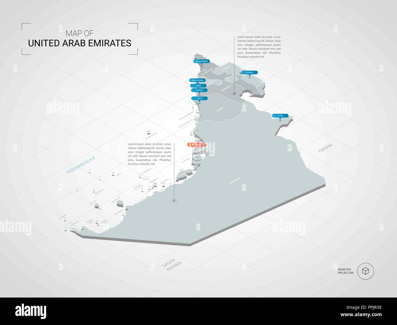 Isometric 3D United Arab Emirates map. Stylized vector map illustration ...