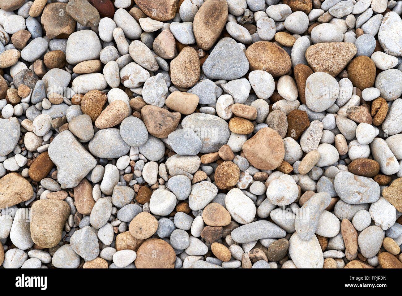 Riverbed pebbles exposed on the banks of the River Wharfe, Bolton Abbey, North Yorkshire, UK. Stock Photo