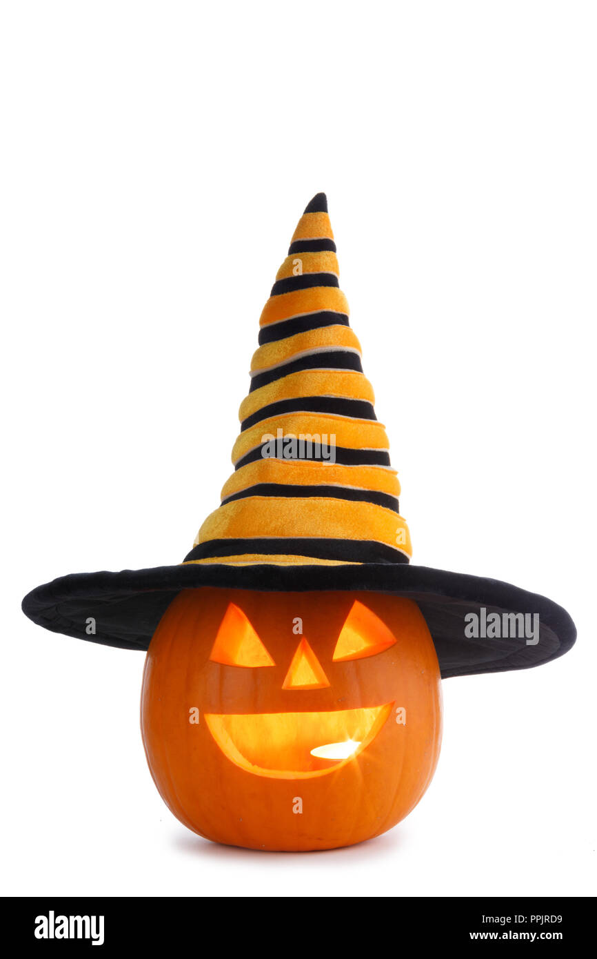 Jack O Lantern Halloween pumpkin with witches hat isolated on white ...