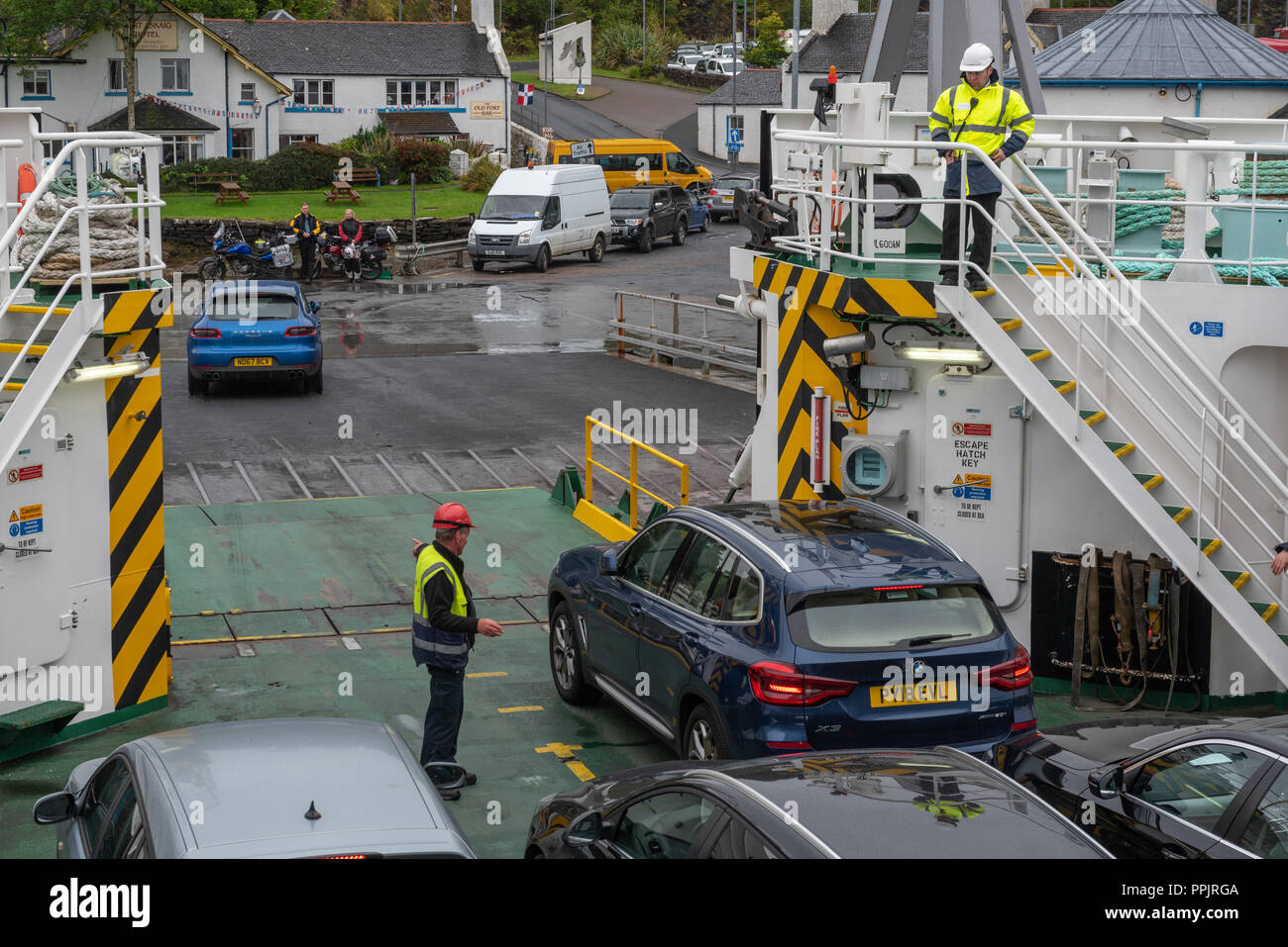 The MV Finlaggan landing at Port Askaig on Islay Scxotland Stock Photo