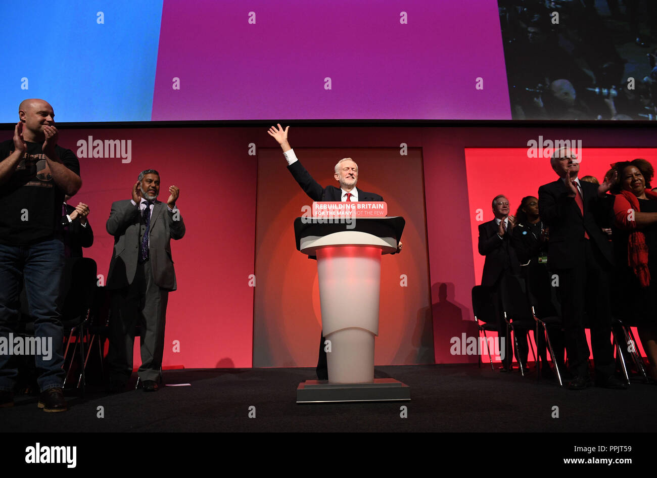 Labour leader Jeremy Corbyn giving his keynote speech at the party's annual conference at the Arena and Convention Centre (ACC), in Liverpool. Stock Photo
