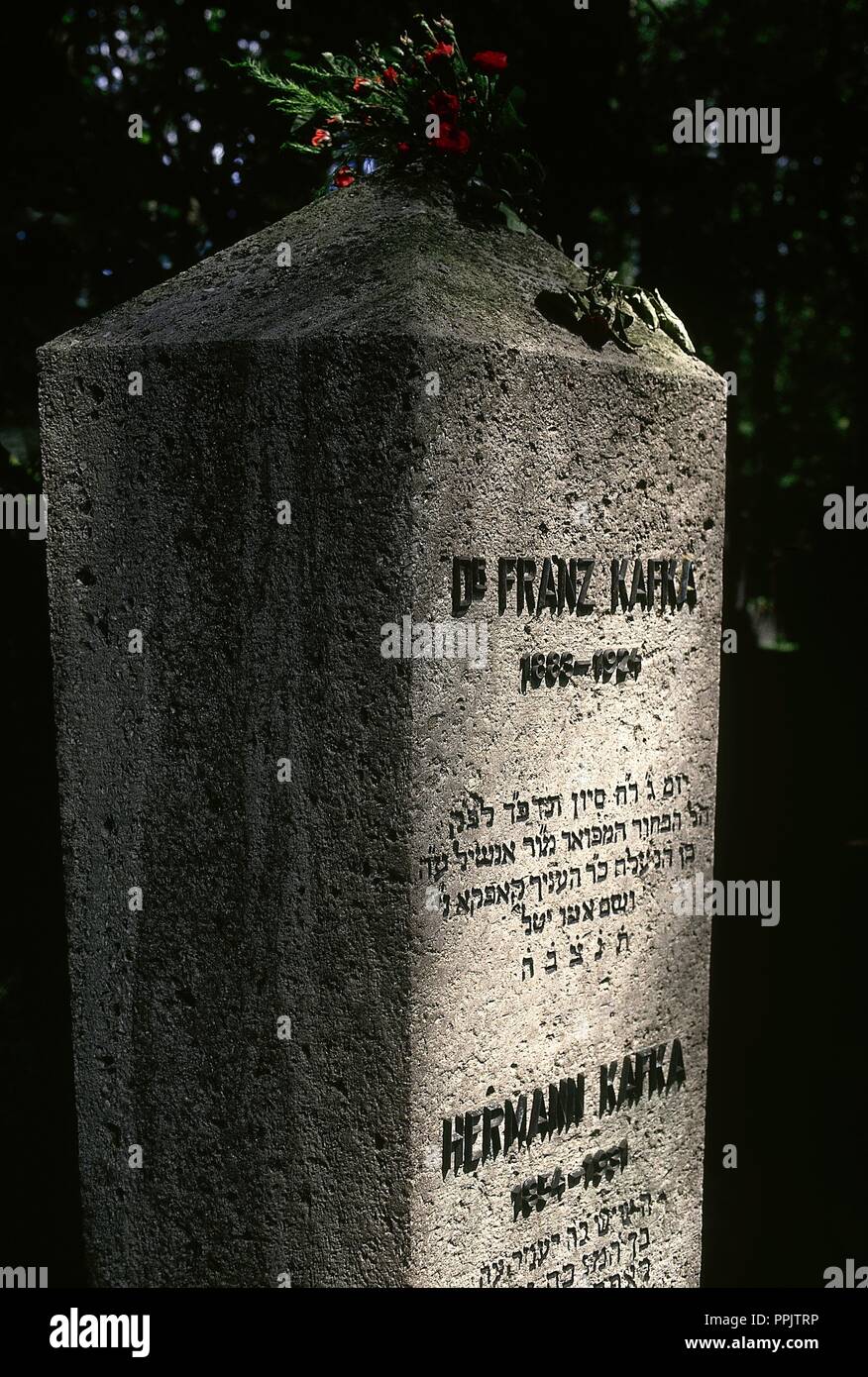 Franz Kafka (1883-1924). Jewish-Czech writer in German language. Kafka's grave in the Jewish cemetery, designed by Leopold Ehrmann (1886-1951). Prague, Czech Republic. Stock Photo
