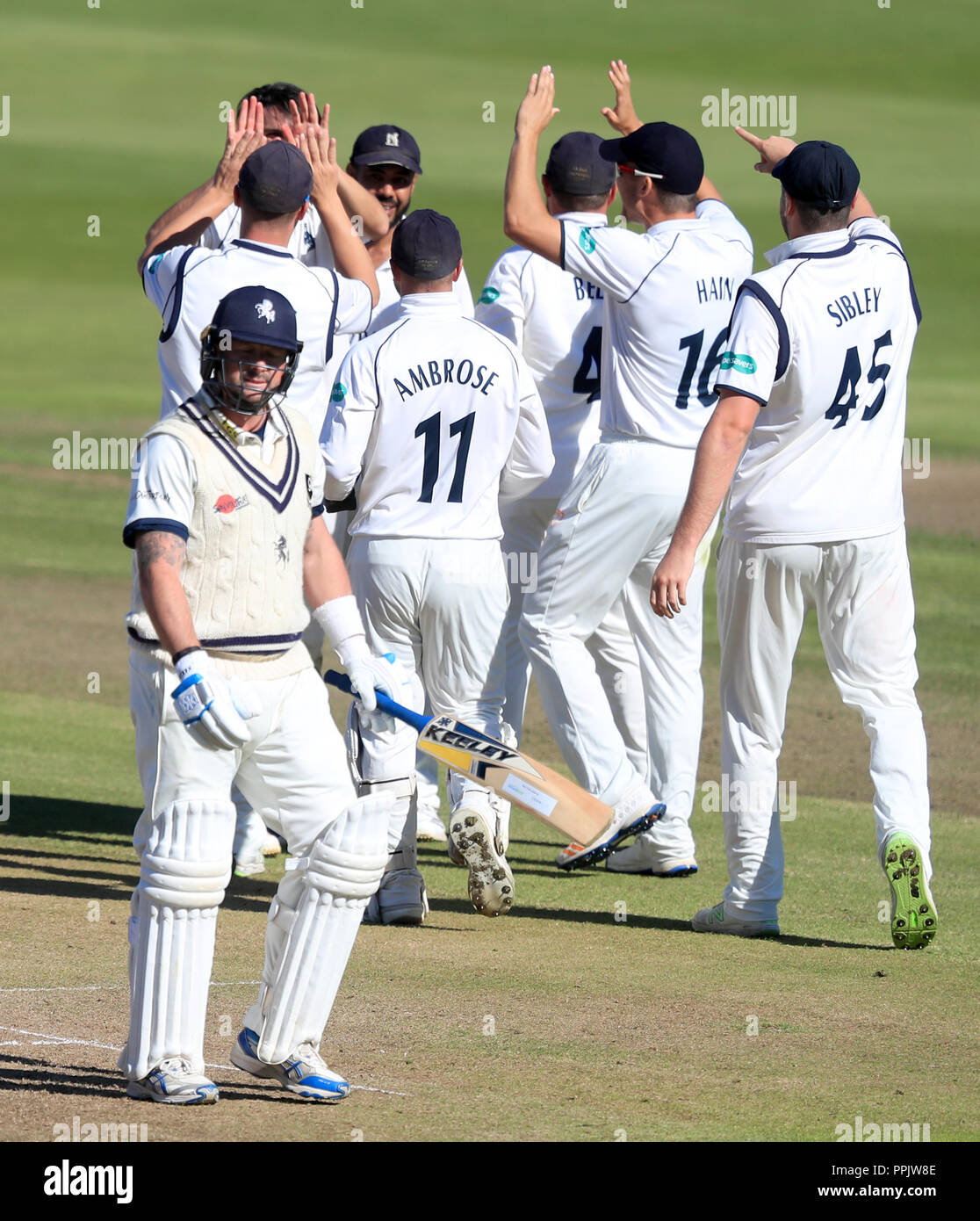 Kent's Darren Stevens looks back after being dismissed by Warwickshire's Chris Wright during day three of the Specsavers County Championship Division Two match at Edgbaston, Birmingham. Stock Photo