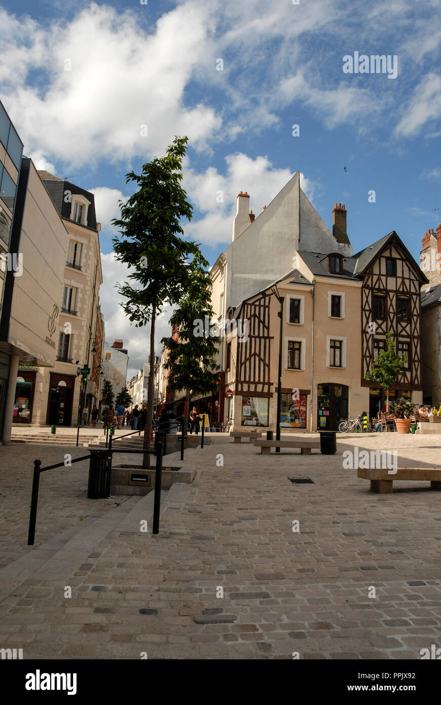 One of the shopping squares, Rue de la Charpenterie in the old quarter of the city of Orleans, the capital of the Loiret department and of the Centre- Stock Photo