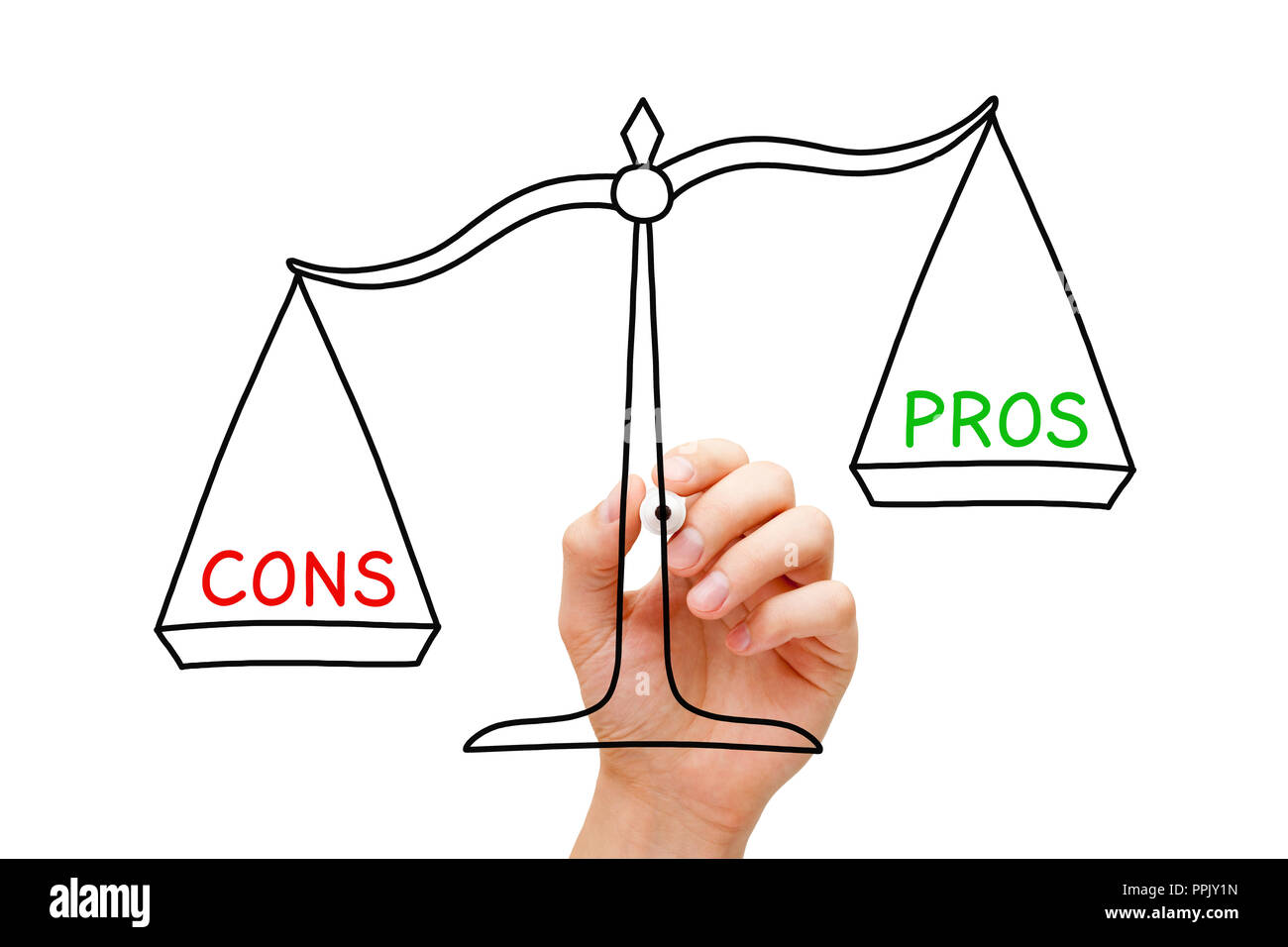 Hand sketching more Cons than Pros scale concept with marker on transparent glass board isolated on white. Stock Photo