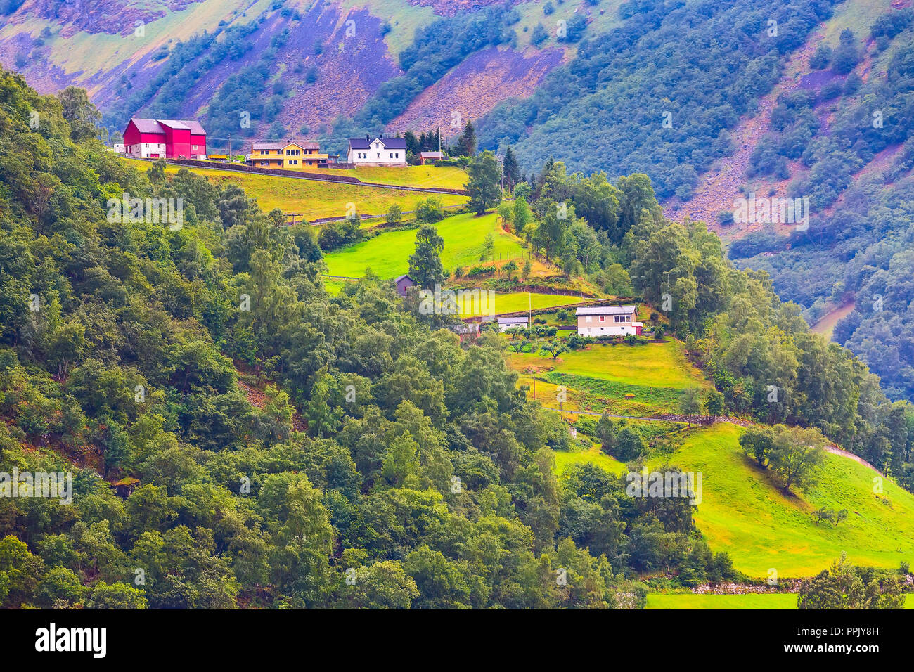 Norwegian village landscape, mountains and colorful houses, Norway ...