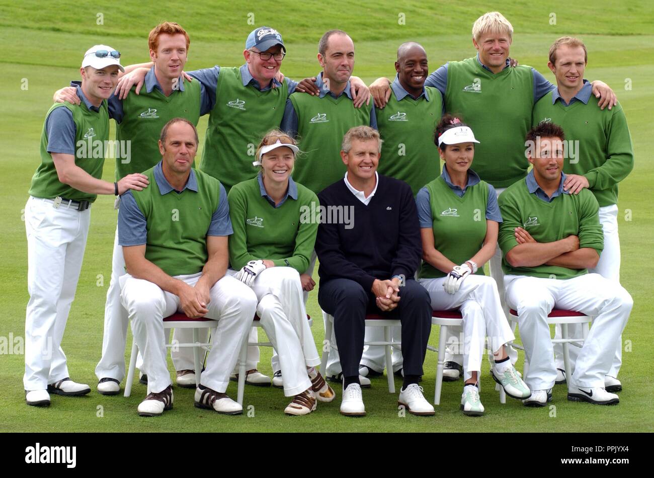 Sky One Allstar Cup at The Celtic Manor Resort, Newport, ( Saturday 27/8/05 ). The European Team.  Left to right standing, Ronan Keating, Damian Lewis,  Chris Evans, James Nesbitt., Ian Wright, Peter Schmeichel and Matt Dawson. Seated left to right are Sir Steve Redgrave,  Jodie Kidd, Colin Montgomerie, Welsh born Holywood actress Catherine Zeta Jones and Gavin Henson,. Stock Photo
